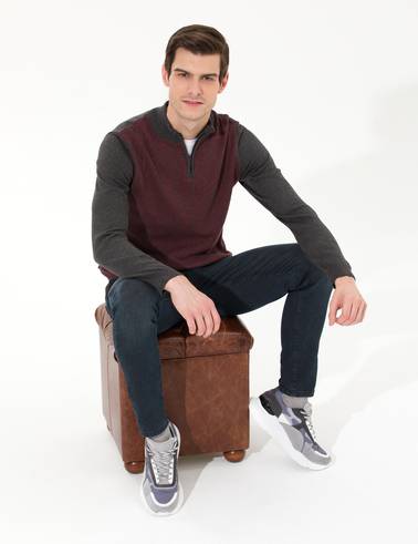 Gri Melanj Slim Fit Fermuarlı Dik Yaka Triko Kazak