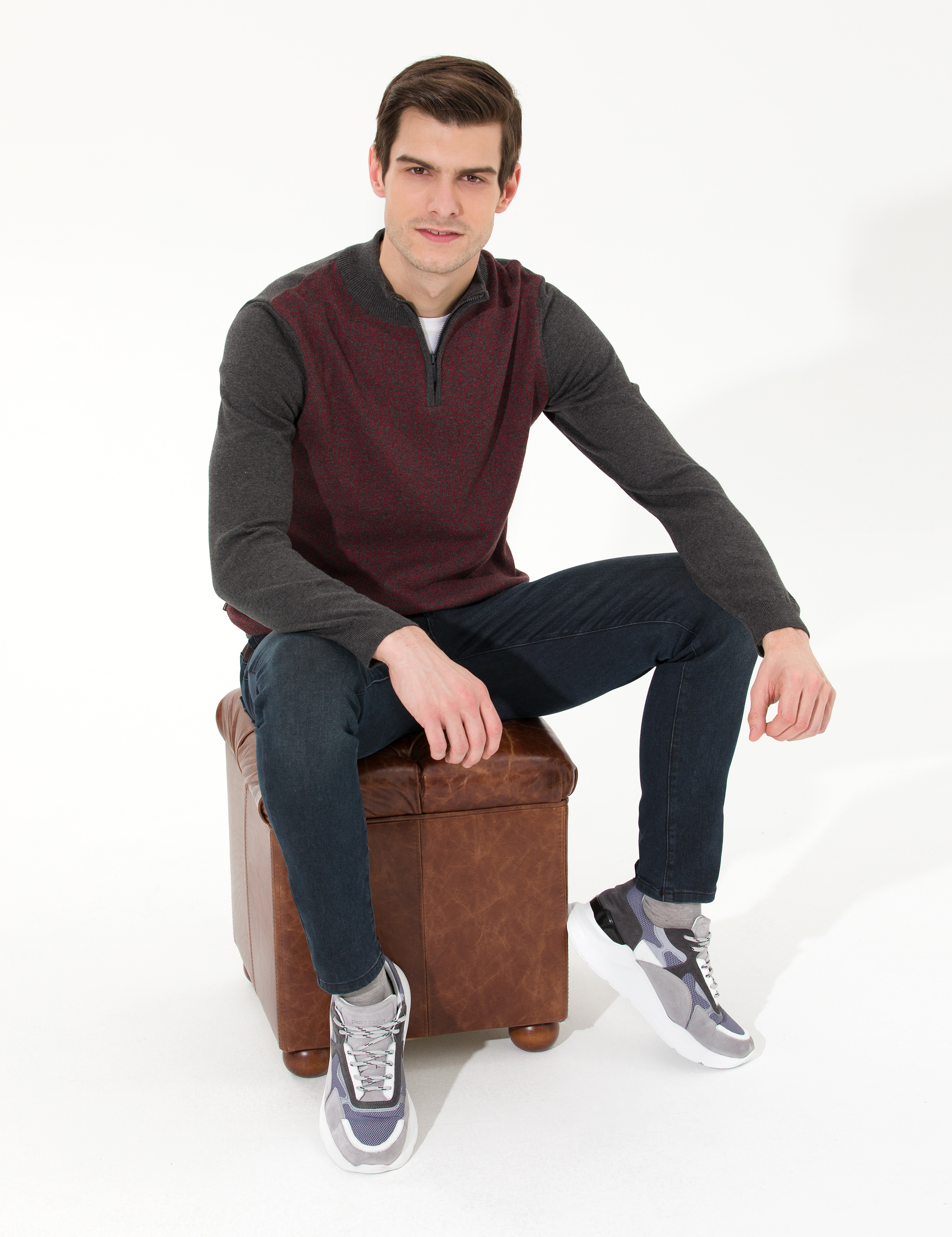 Gri Melanj Slim Fit Fermuarlı Dik Yaka Triko Kazak - Image 4