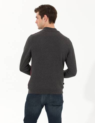 Gri Melanj Slim Fit Fermuarlı Dik Yaka Triko Kazak