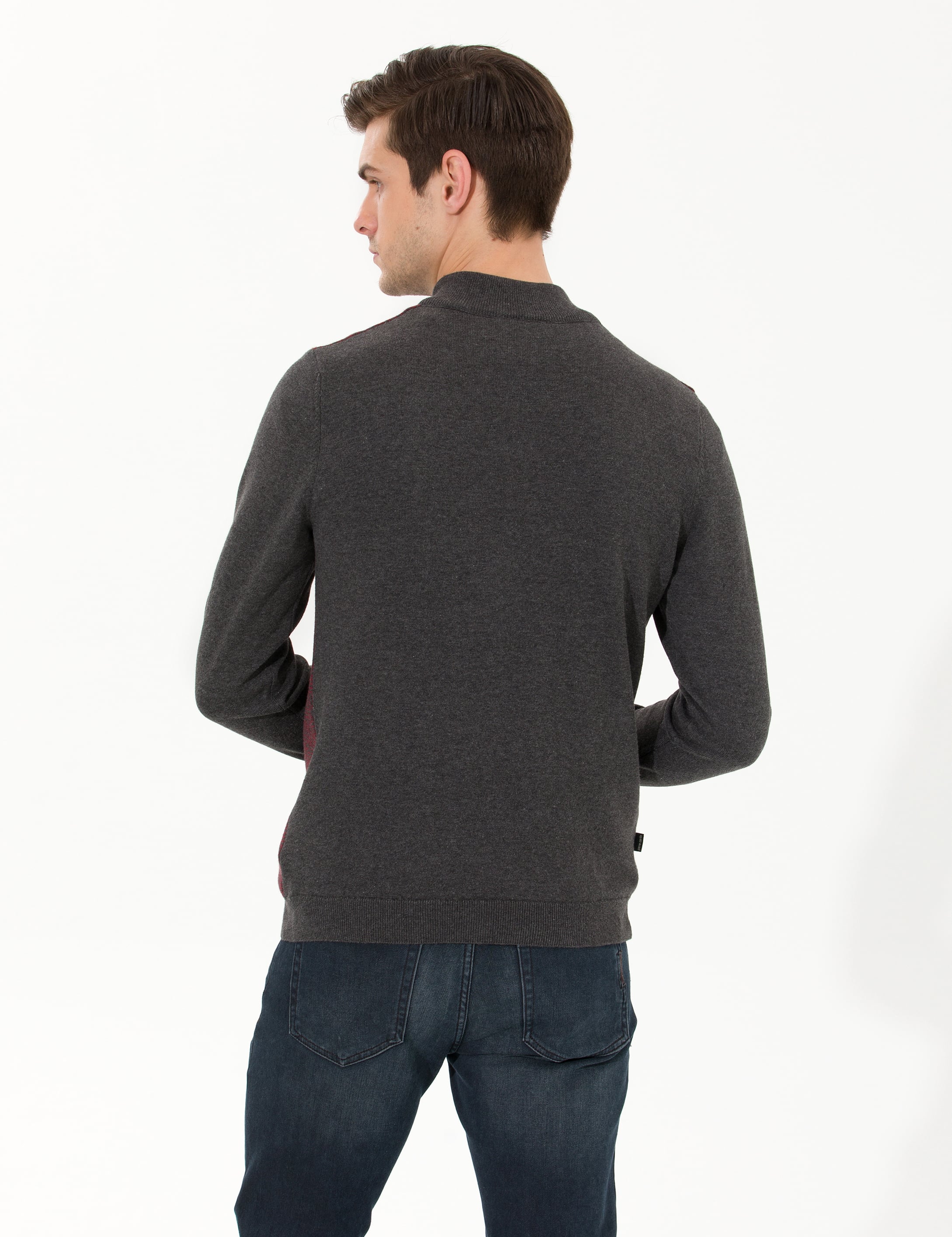 Gri Melanj Slim Fit Fermuarlı Dik Yaka Triko Kazak - Image 5