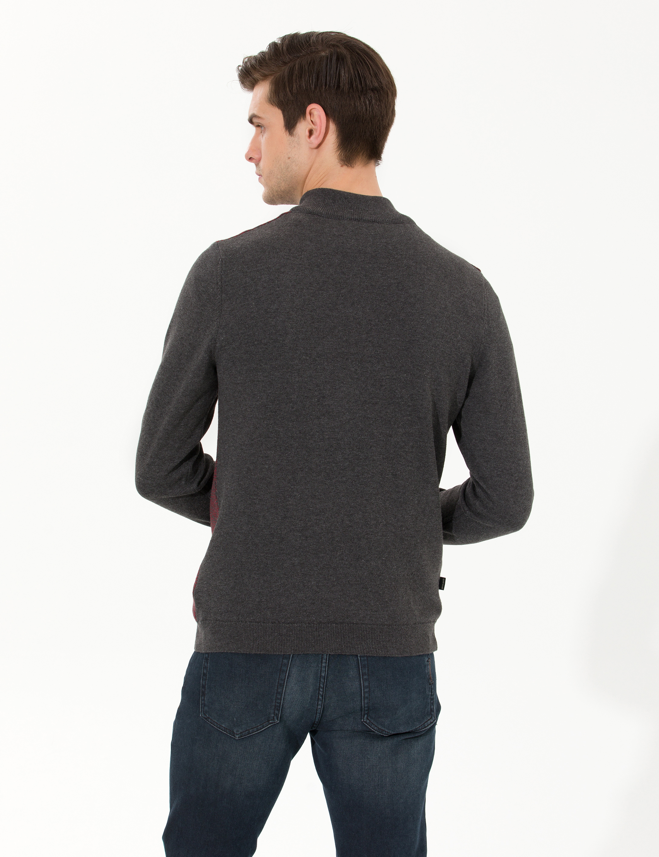 Gri Melanj Slim Fit Fermuarlı Dik Yaka Triko Kazak