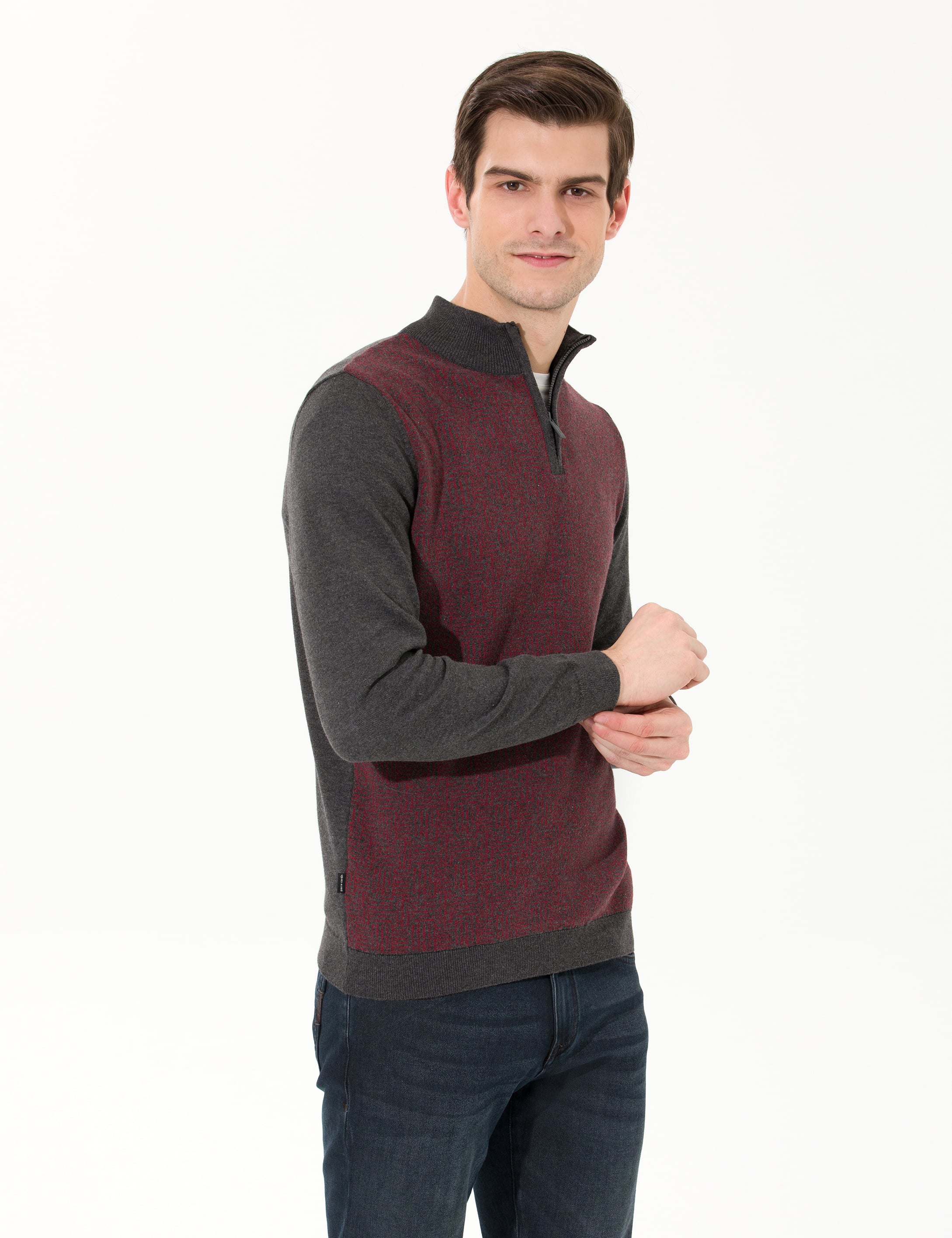 Gri Melanj Slim Fit Fermuarlı Dik Yaka Triko Kazak - Image 3