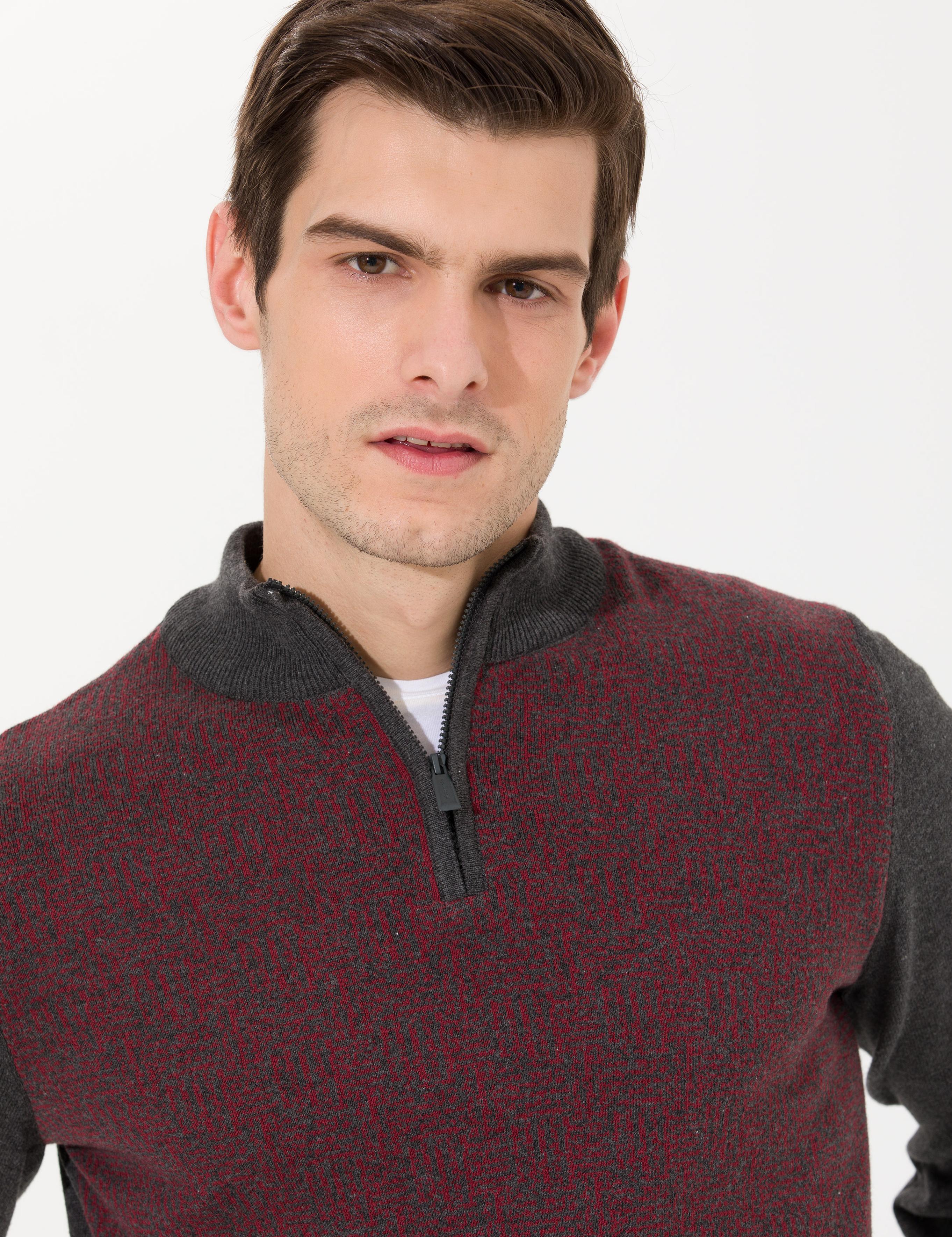 Gri Melanj Slim Fit Fermuarlı Dik Yaka Triko Kazak