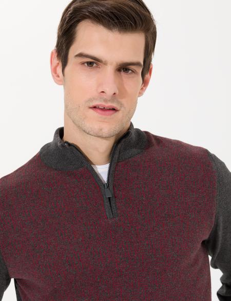 Gri Melanj Slim Fit Fermuarlı Dik Yaka Triko Kazak - 50258665023