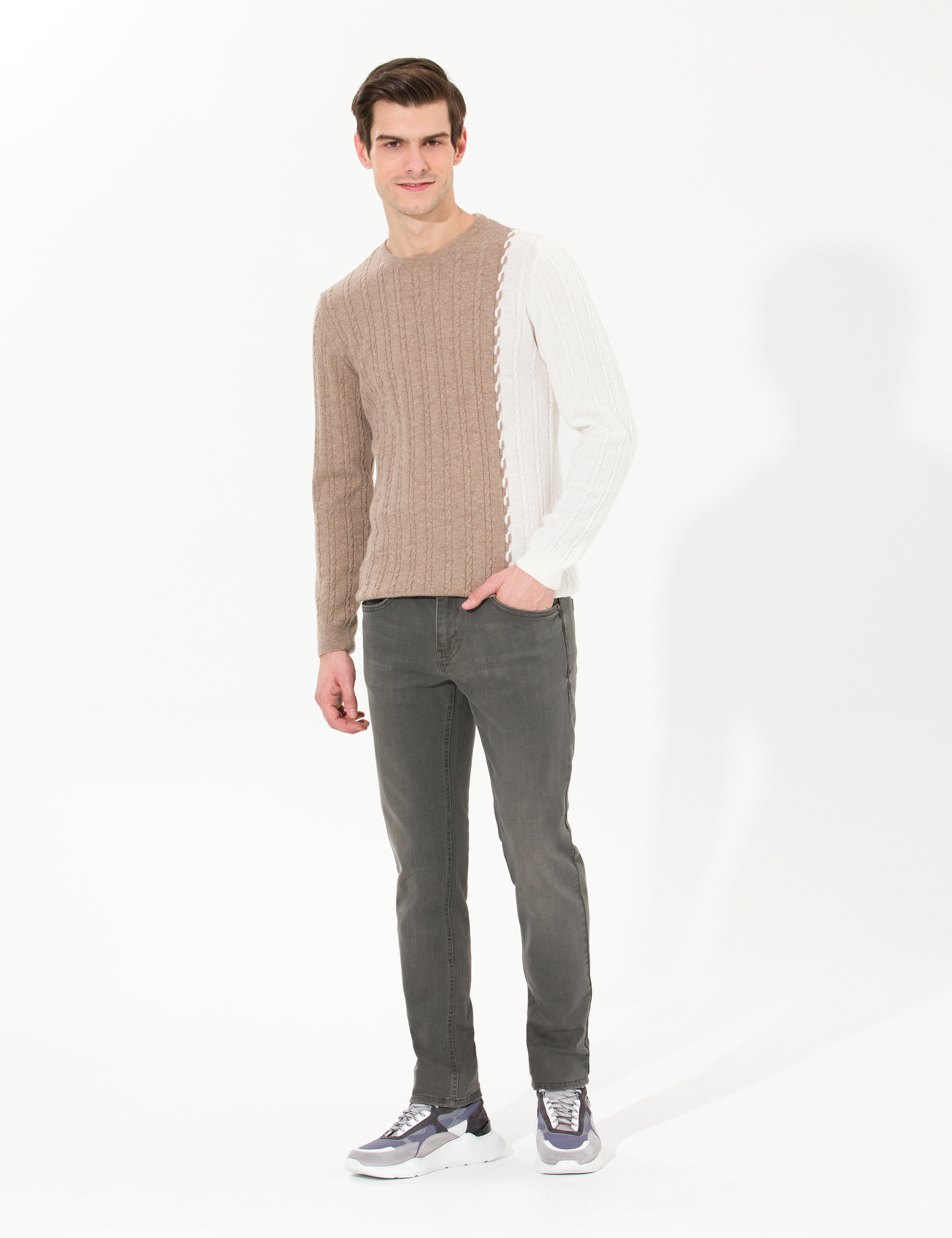 Vizon Melanj Slim Fit Bisiklet Yaka Yün Karışımlı Triko Kazak