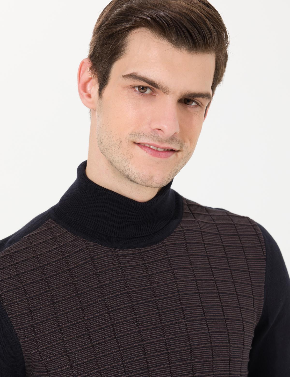 Lacivert Slim Fit Balıkçı Yaka Triko Kazak