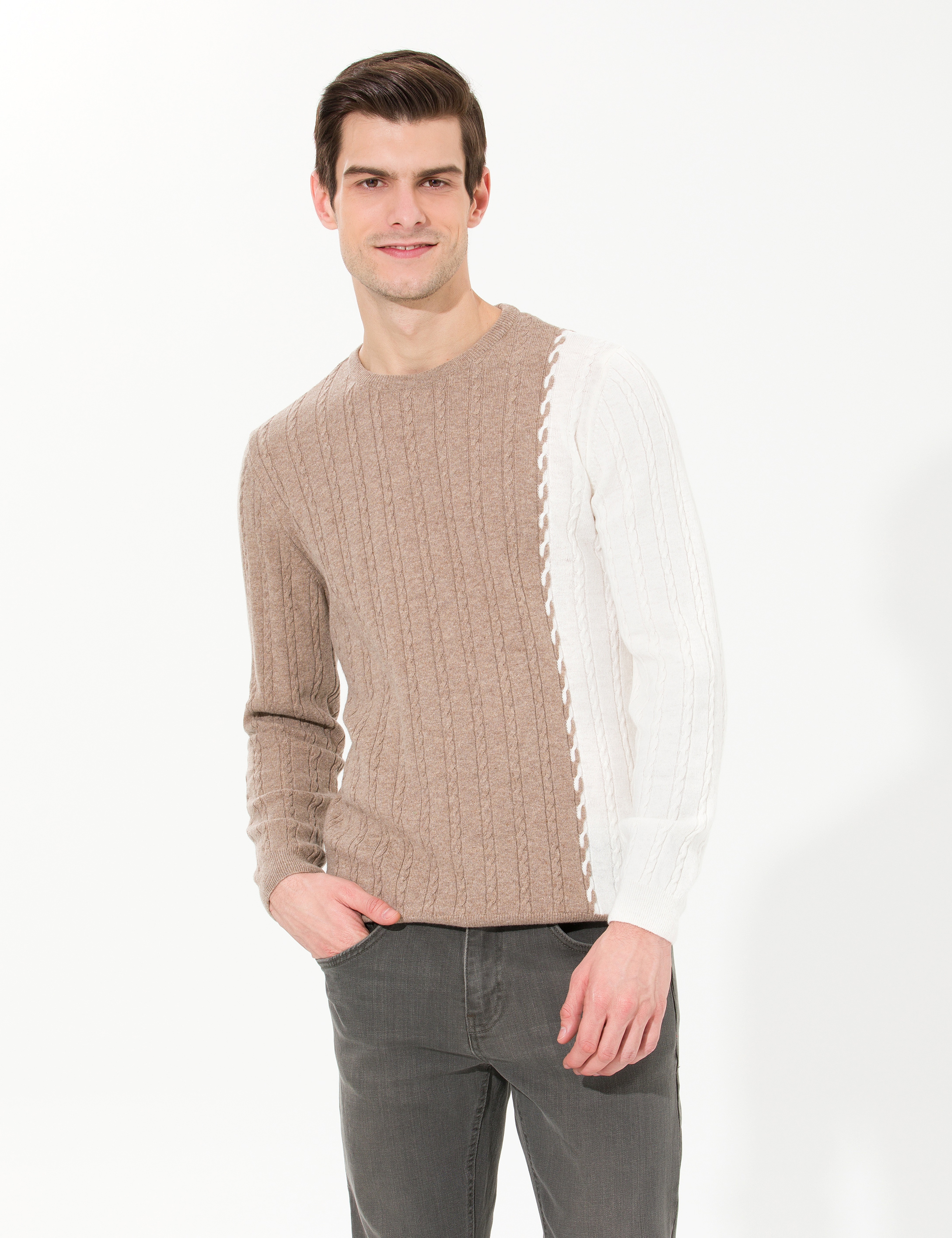Vizon Melanj Slim Fit Bisiklet Yaka Yün Karışımlı Triko Kazak - Image 4