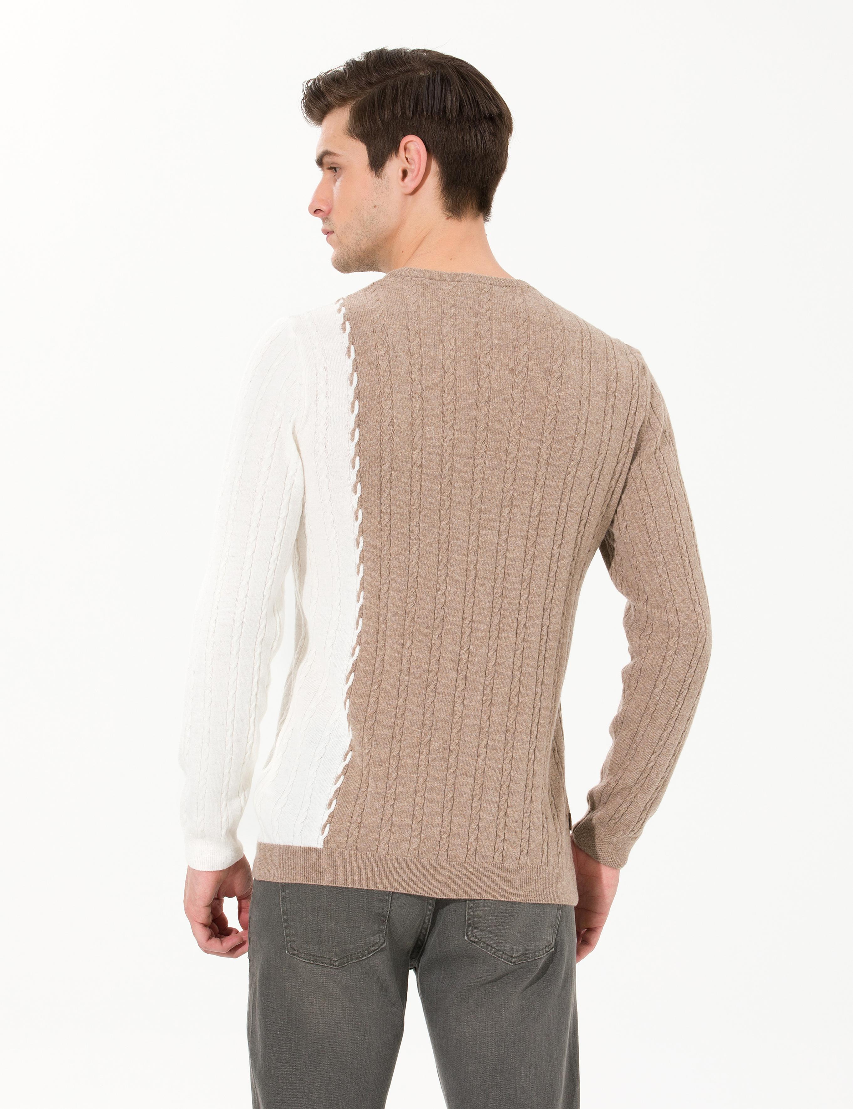 Vizon Melanj Slim Fit Bisiklet Yaka Yün Karışımlı Triko Kazak