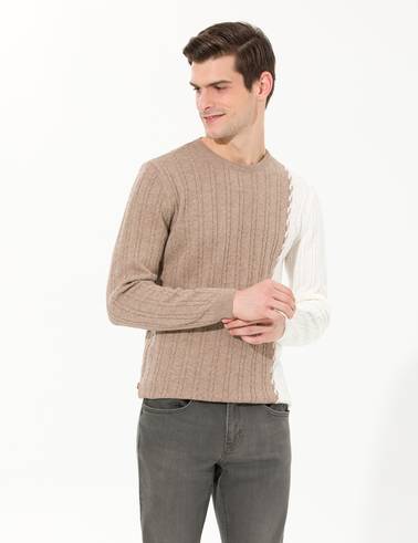 Vizon Melanj Slim Fit Bisiklet Yaka Yün Karışımlı Triko Kazak