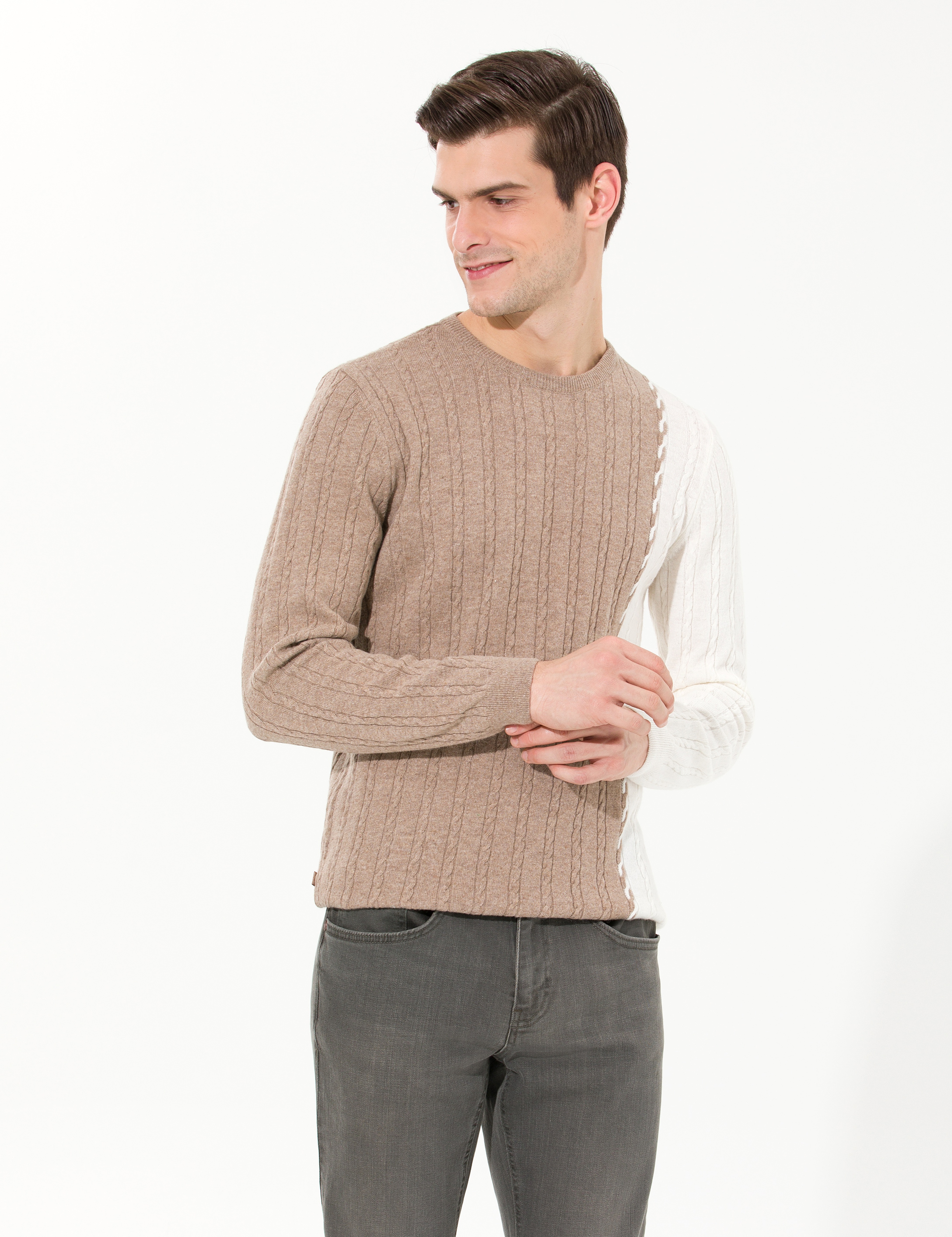 Vizon Melanj Slim Fit Bisiklet Yaka Yün Karışımlı Triko Kazak - Image 1
