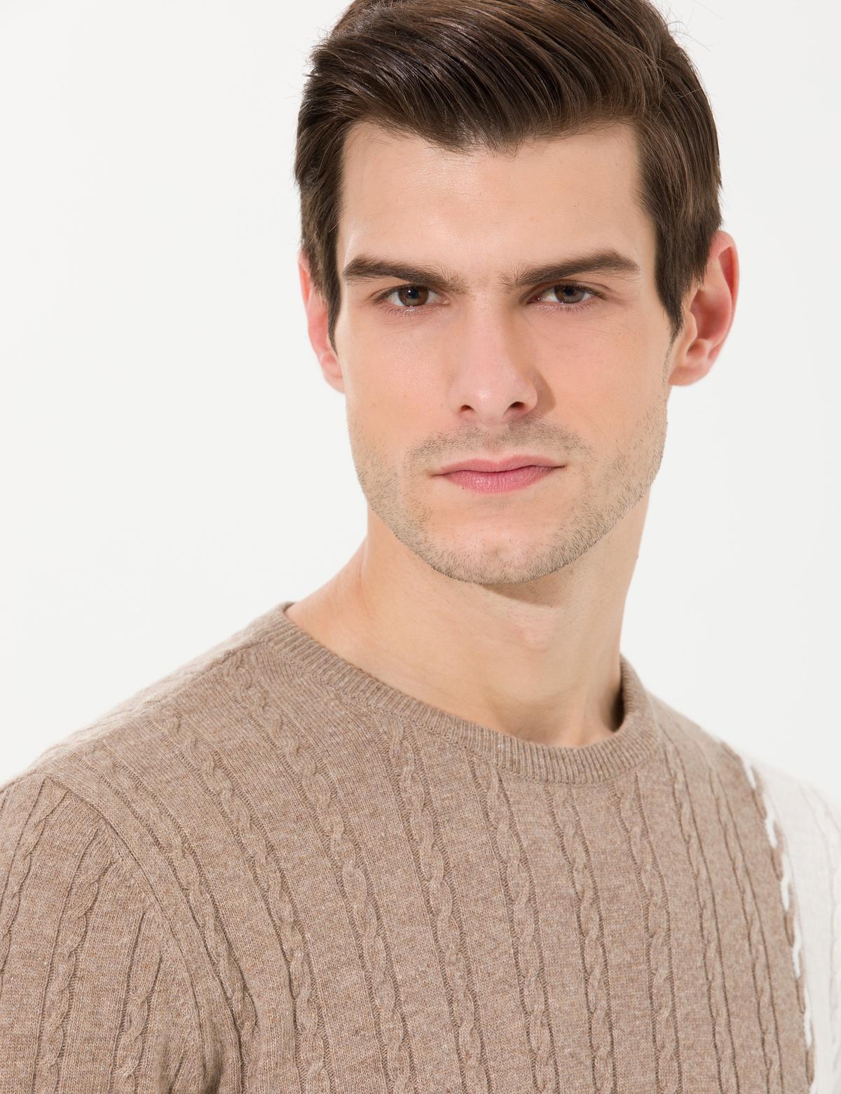 Vizon Melanj Slim Fit Bisiklet Yaka Yün Karışımlı Triko Kazak - 50259785015