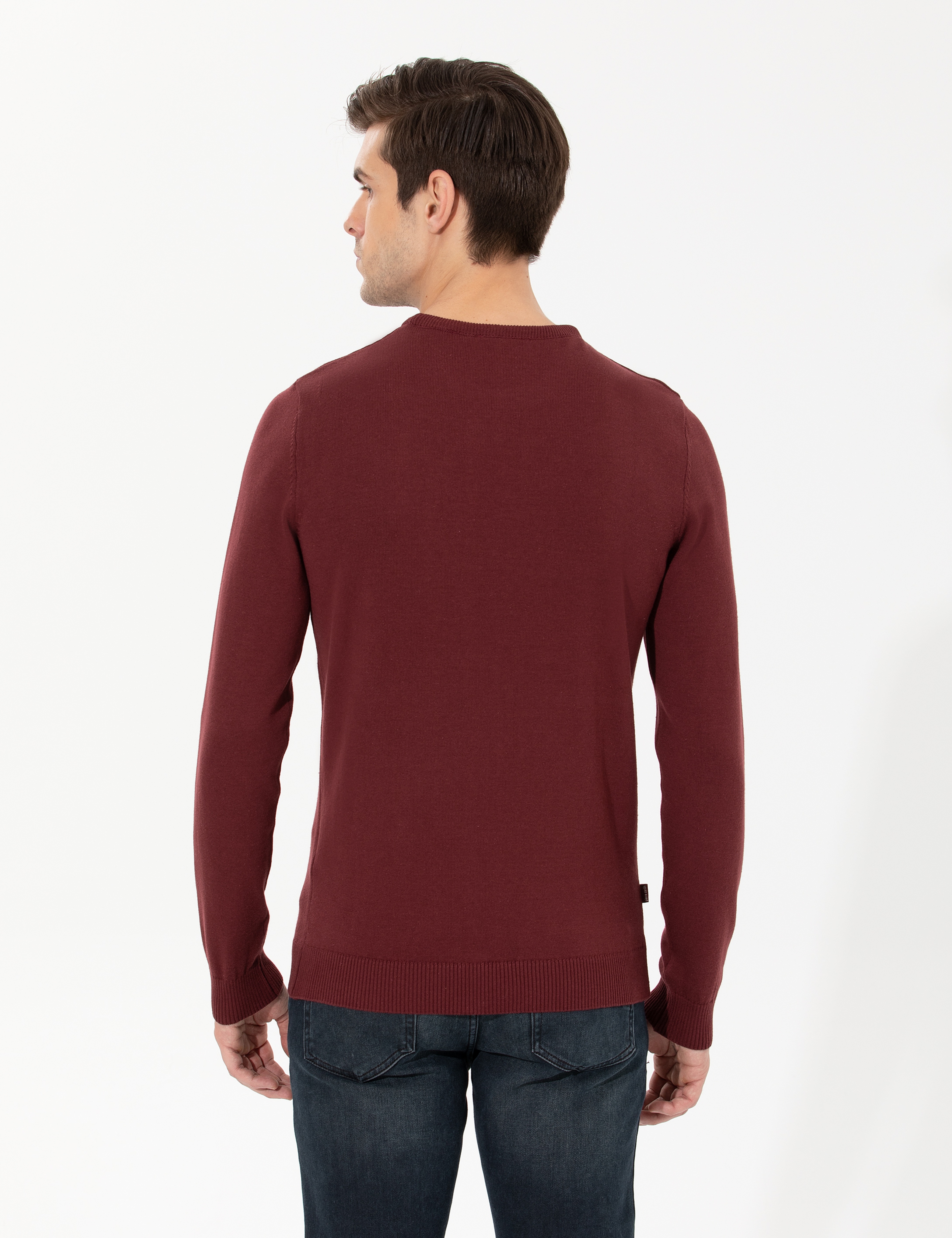 Bordo Slim Fit Bisiklet Yaka Triko Kazak - Image 5