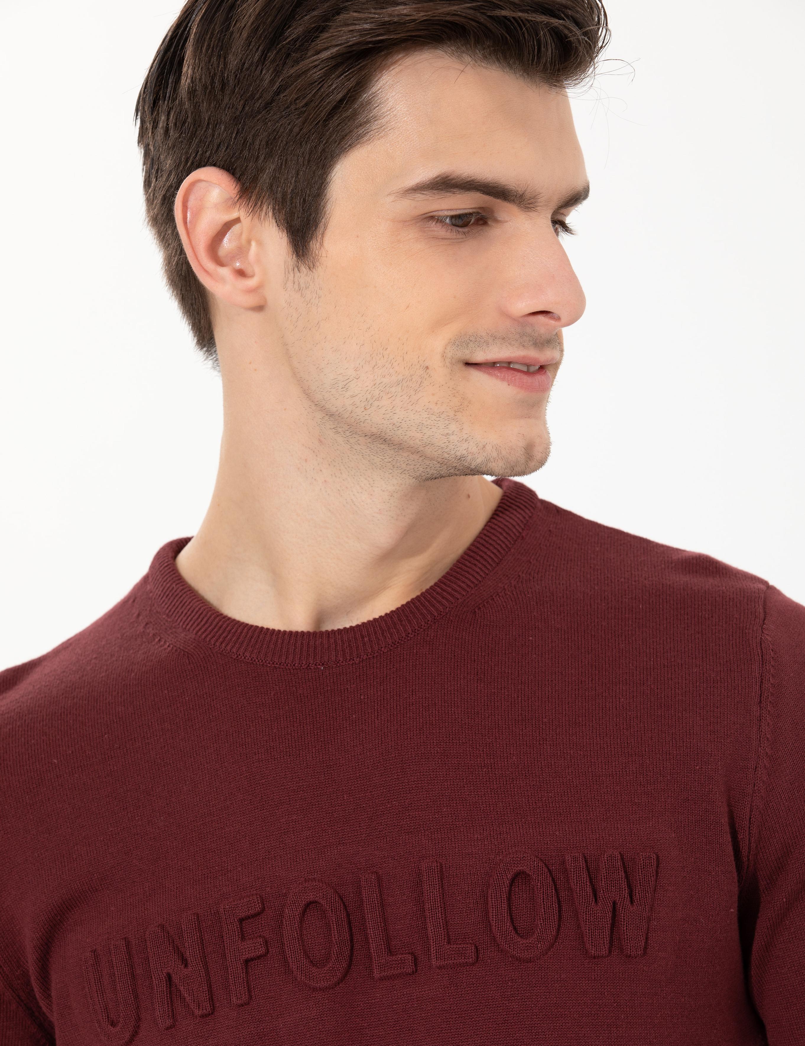 Bordo Slim Fit Bisiklet Yaka Triko Kazak