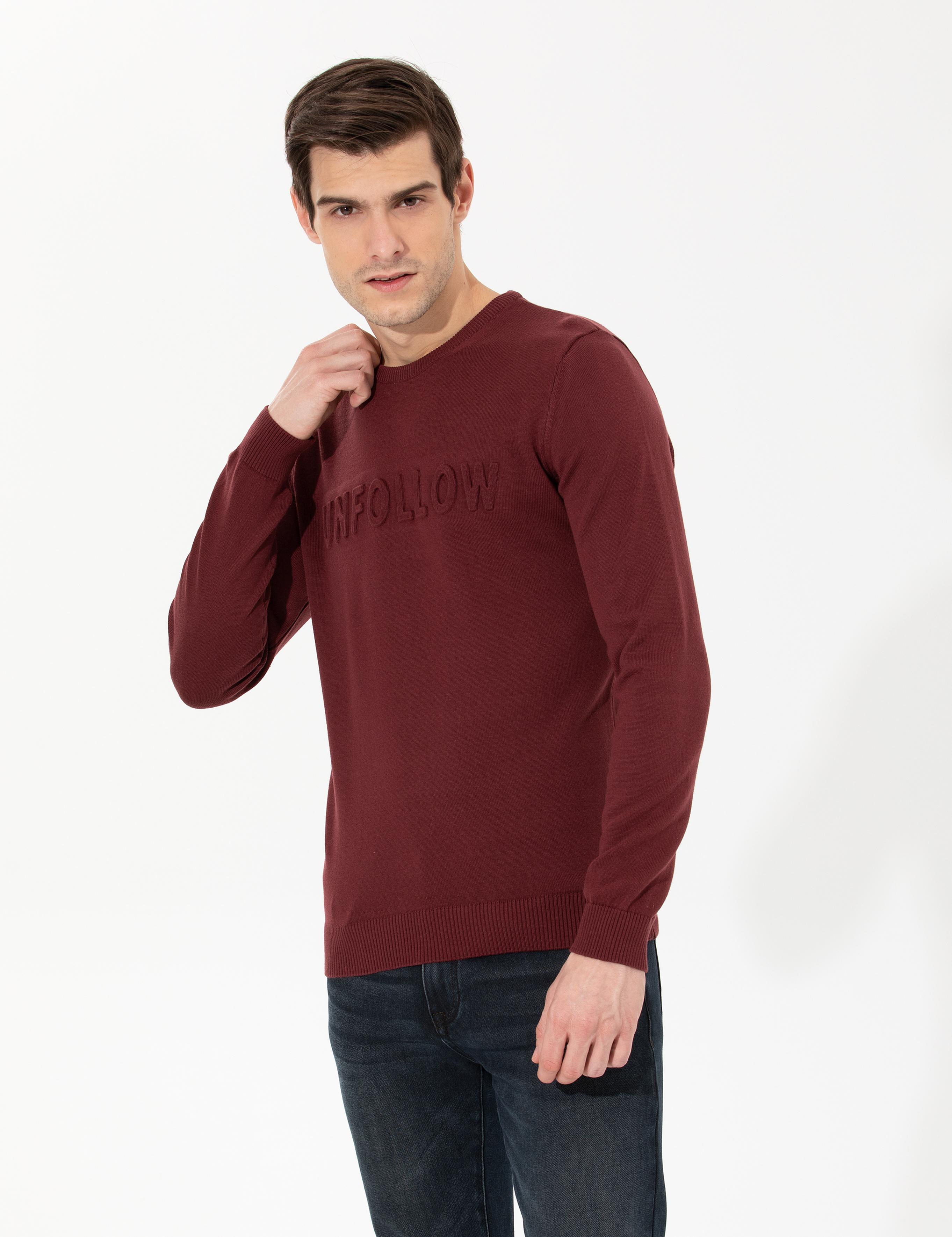Bordo Slim Fit Bisiklet Yaka Triko Kazak