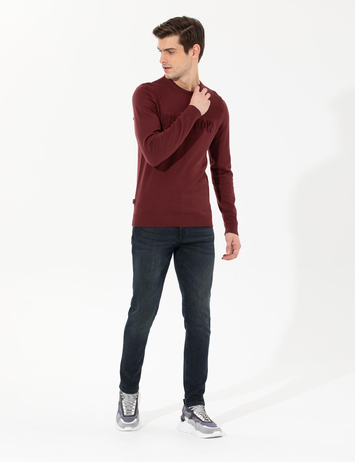 Bordo Slim Fit Bisiklet Yaka Triko Kazak - 50259797001