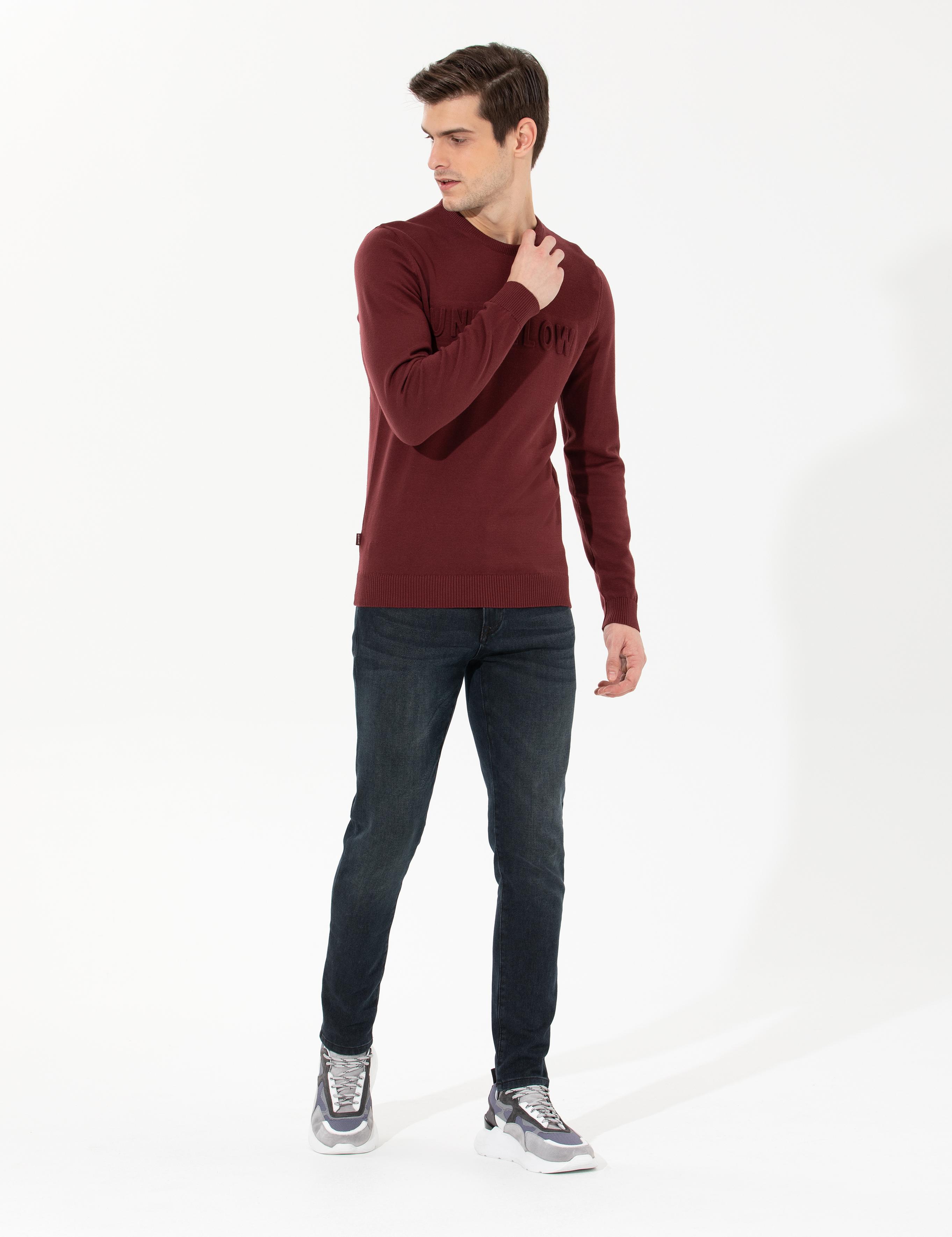 Bordo Slim Fit Bisiklet Yaka Triko Kazak