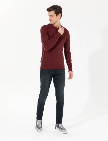 Bordo Slim Fit Bisiklet Yaka Triko Kazak