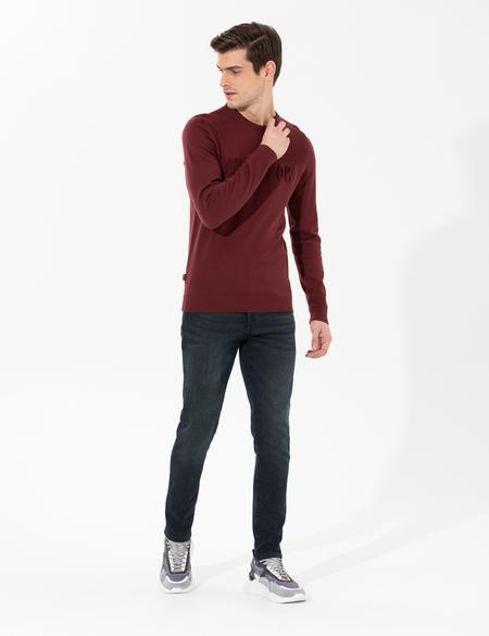 Bordo Slim Fit Bisiklet Yaka Triko Kazak - 50259797001