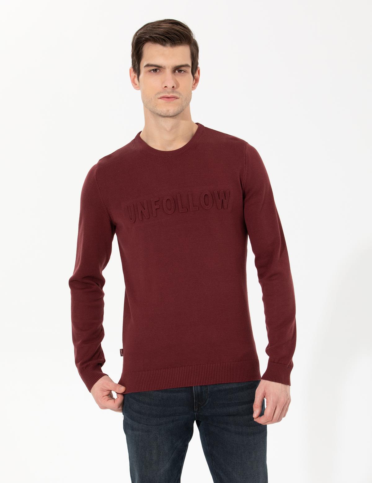 Bordo Slim Fit Bisiklet Yaka Triko Kazak