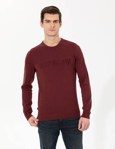 Bordo Slim Fit Bisiklet Yaka Triko Kazak