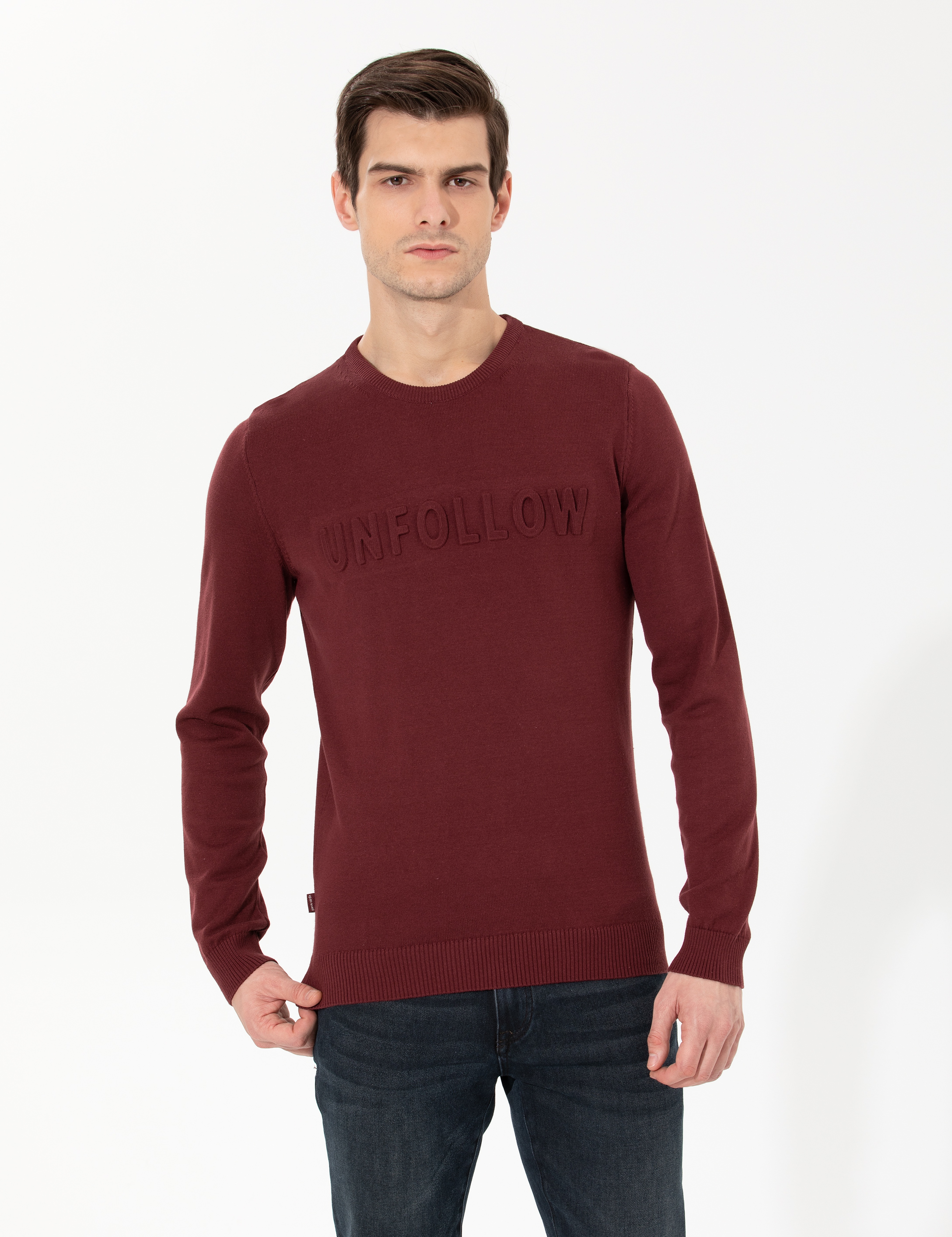 Bordo Slim Fit Bisiklet Yaka Triko Kazak - Image 1