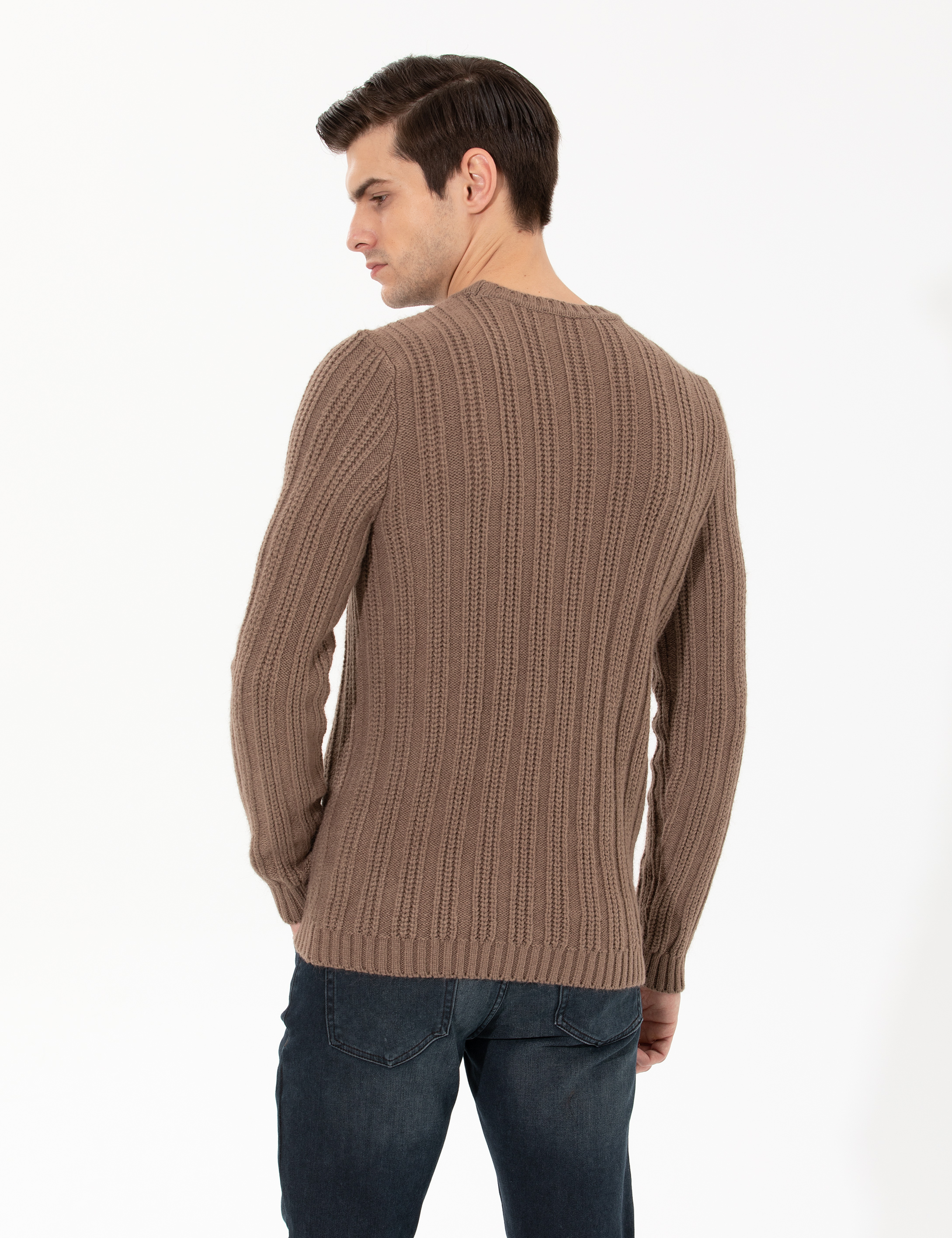 Açık Kahverengi Slim Fit Bisiklet Yaka Triko Kazak - Image 5