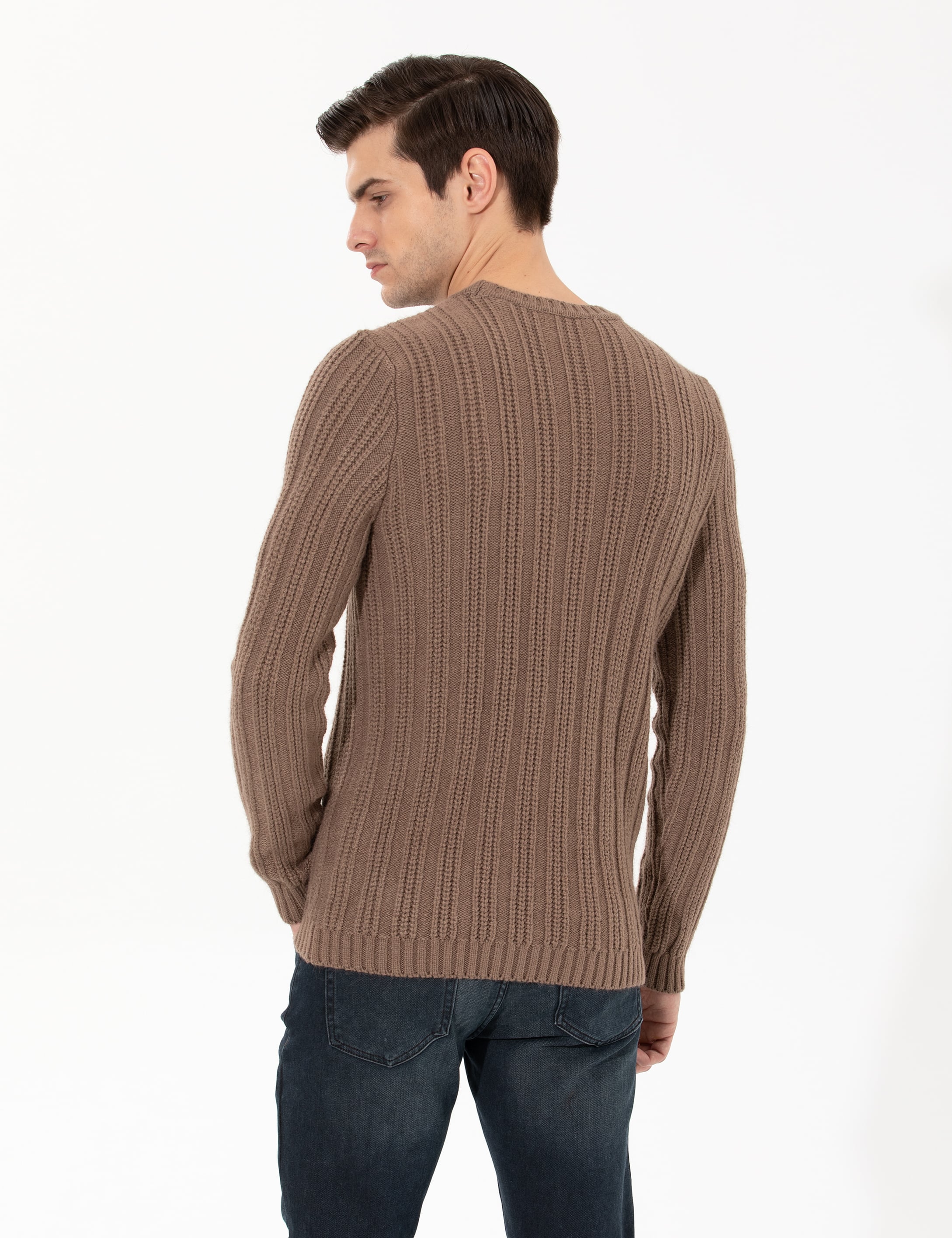 Açık Kahverengi Slim Fit Bisiklet Yaka Triko Kazak