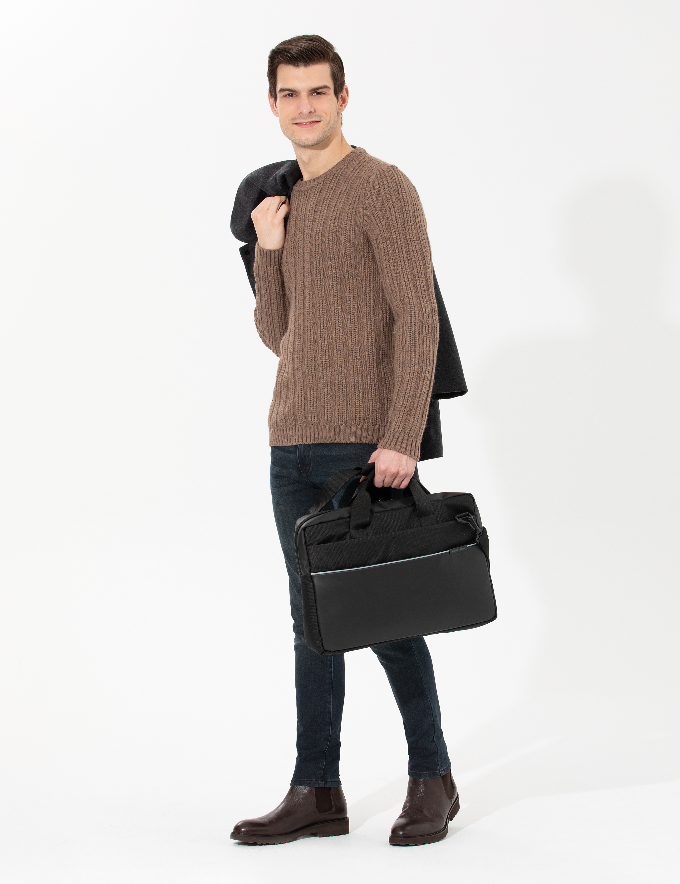 Açık Kahverengi Slim Fit Bisiklet Yaka Triko Kazak - Image 4