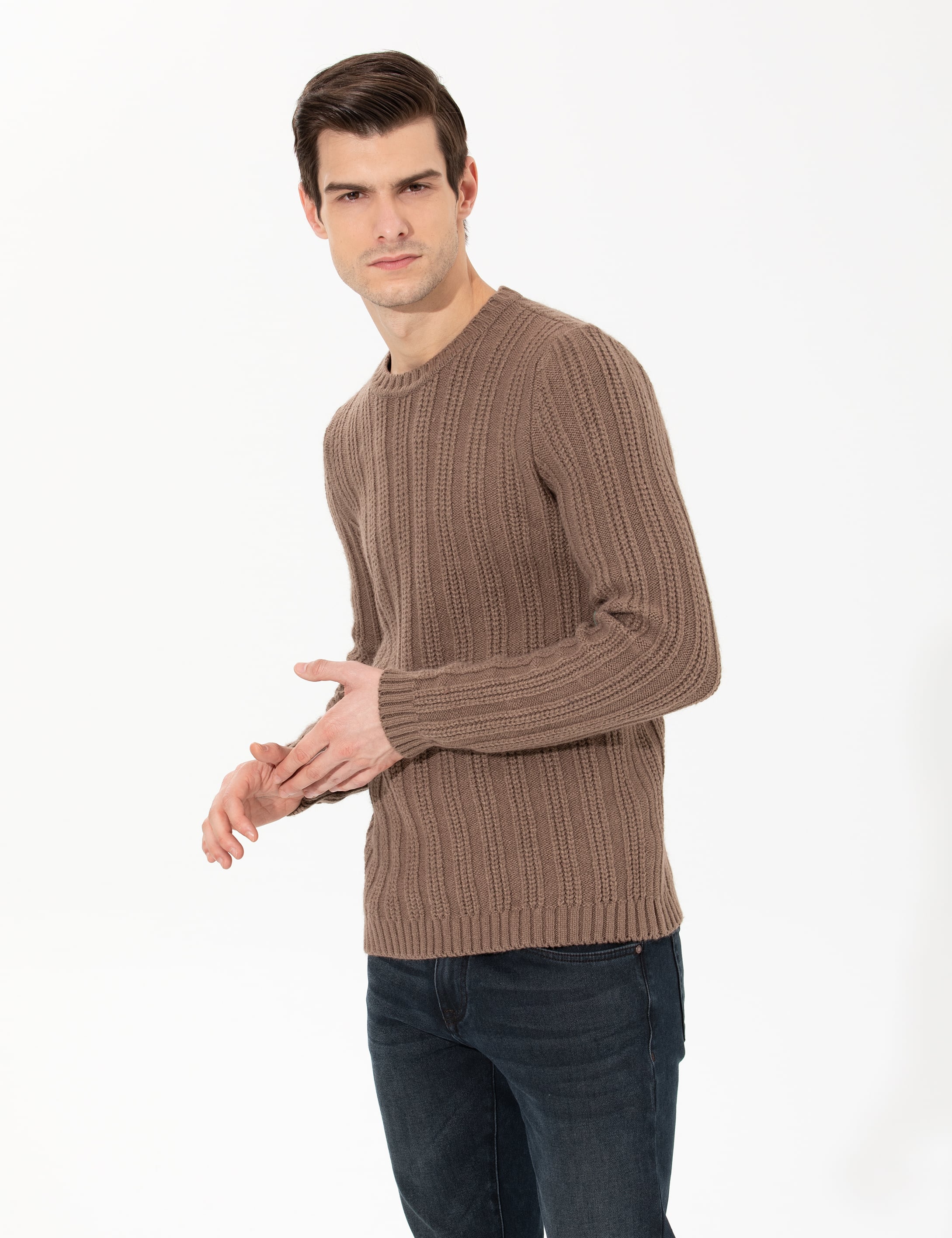 Açık Kahverengi Slim Fit Bisiklet Yaka Triko Kazak - Image 3