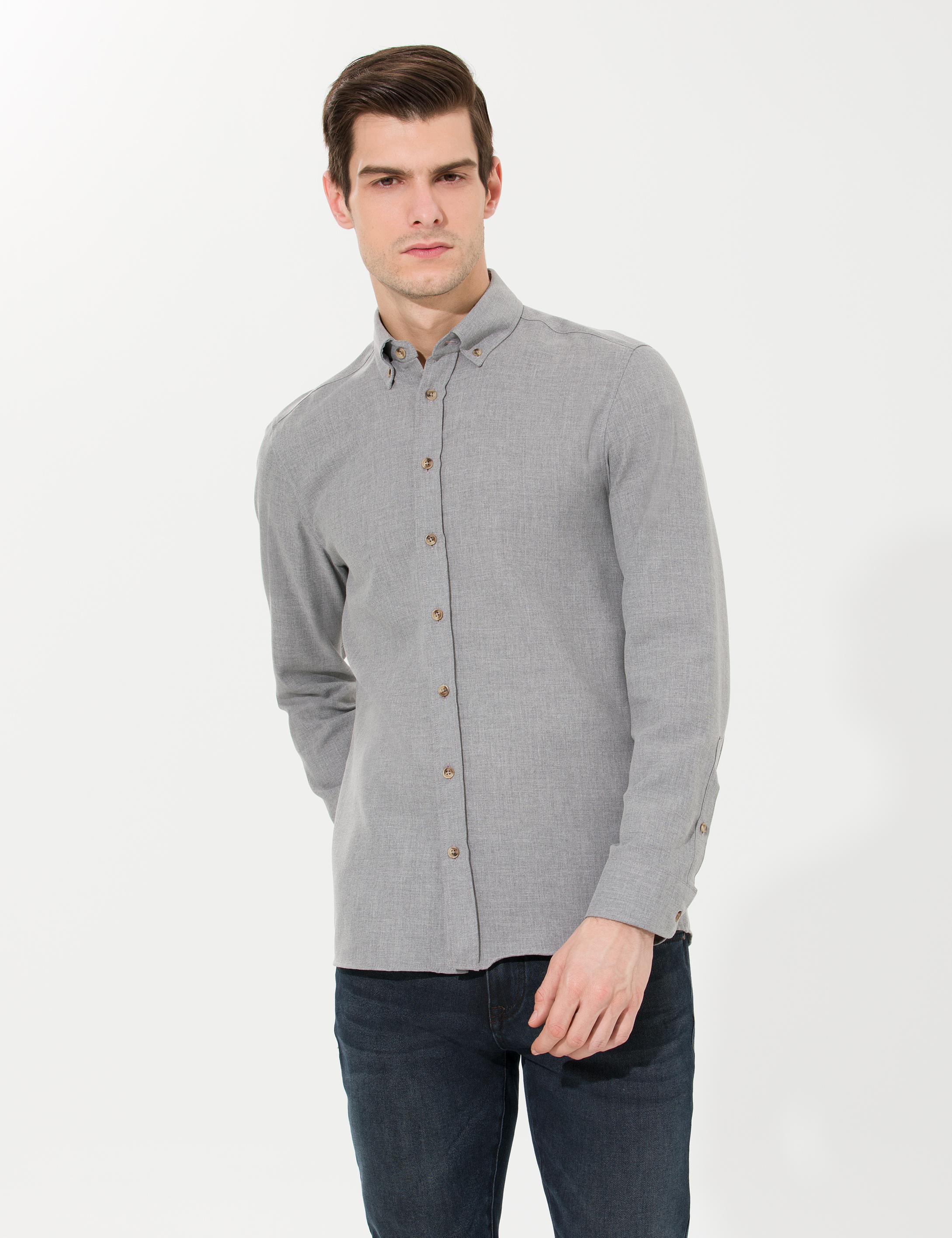 Gri Slim Fit Uzun Kollu Gömlek - Image 3