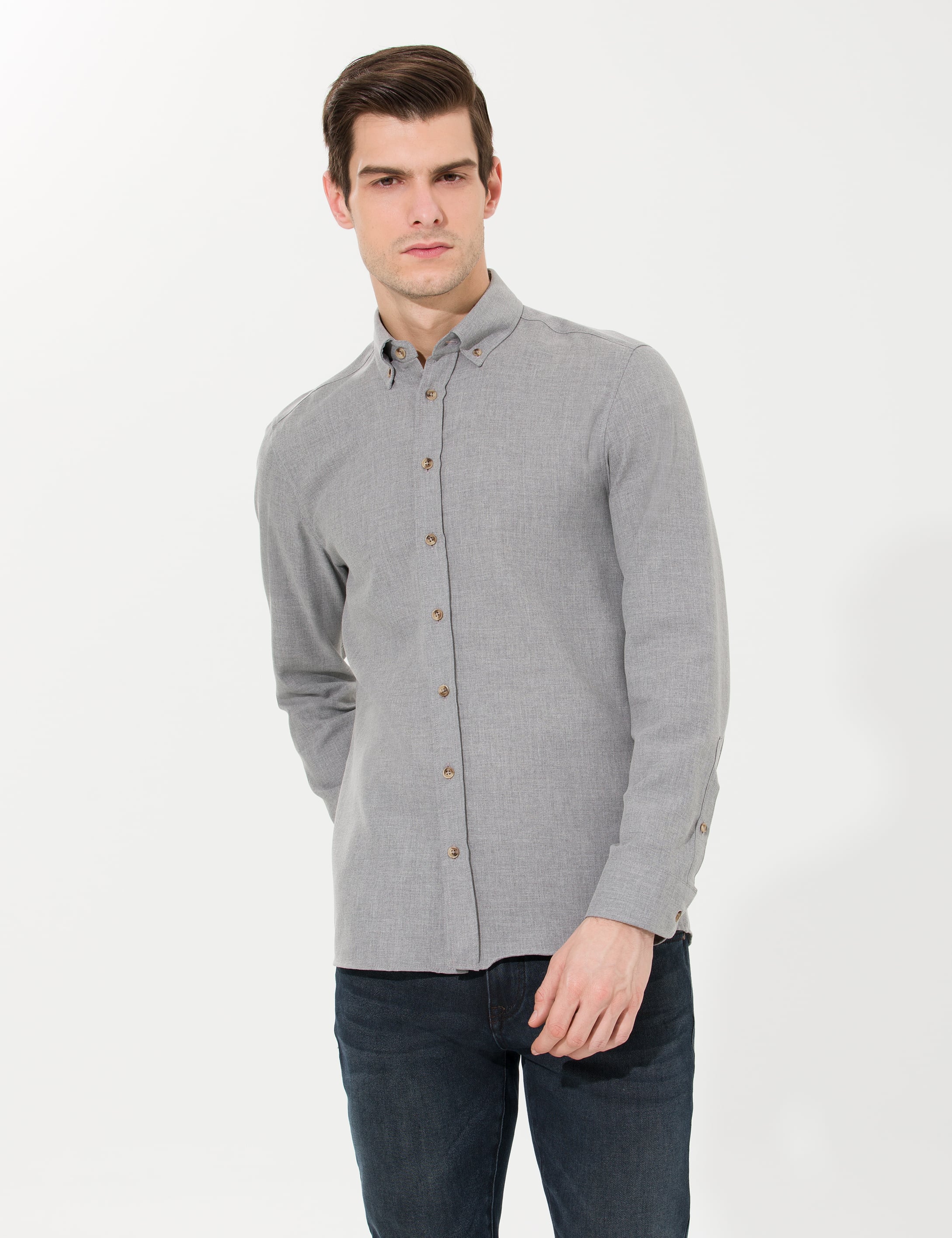 Gri Slim Fit Uzun Kollu Gömlek