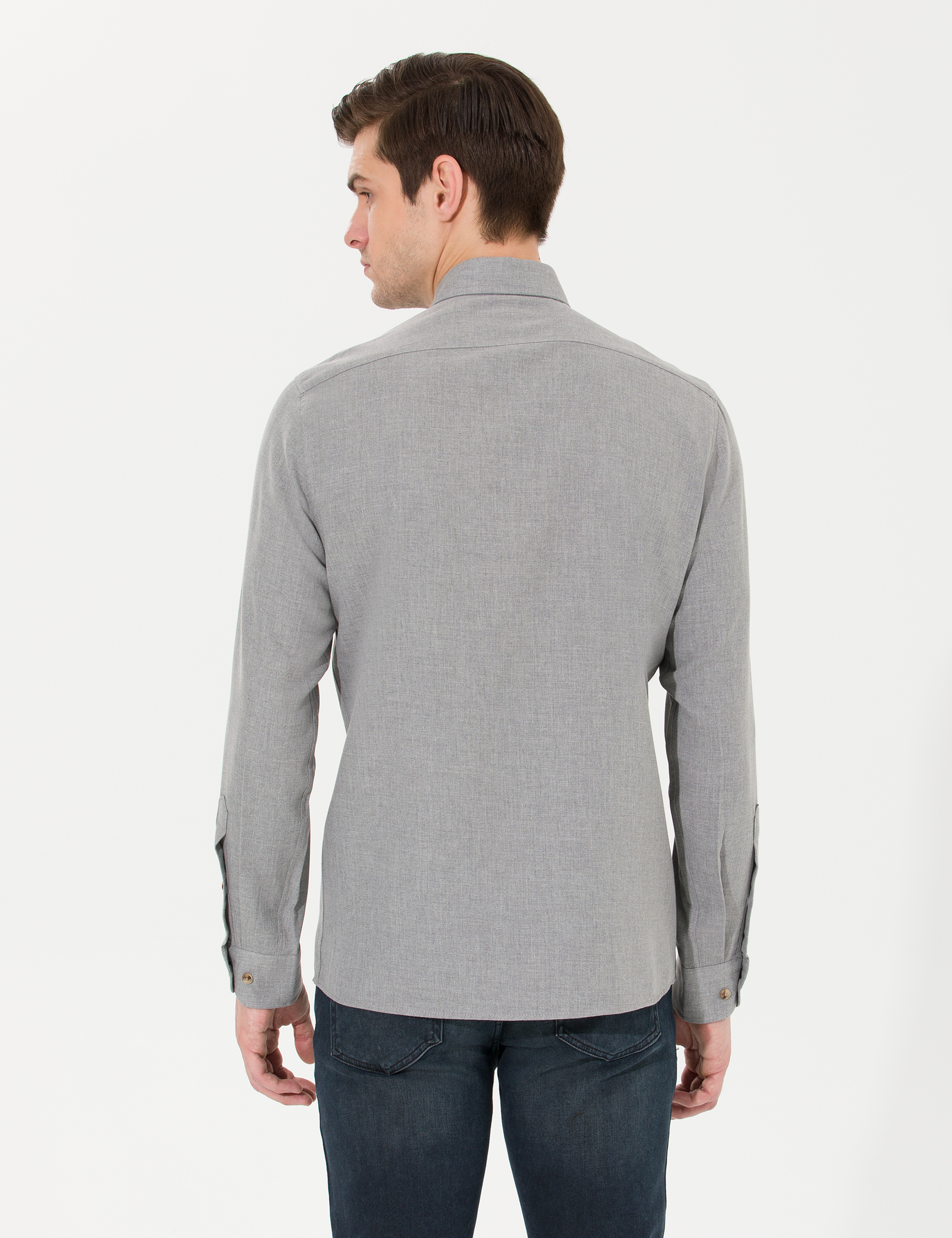 Gri Slim Fit Uzun Kollu Gömlek - Image 5