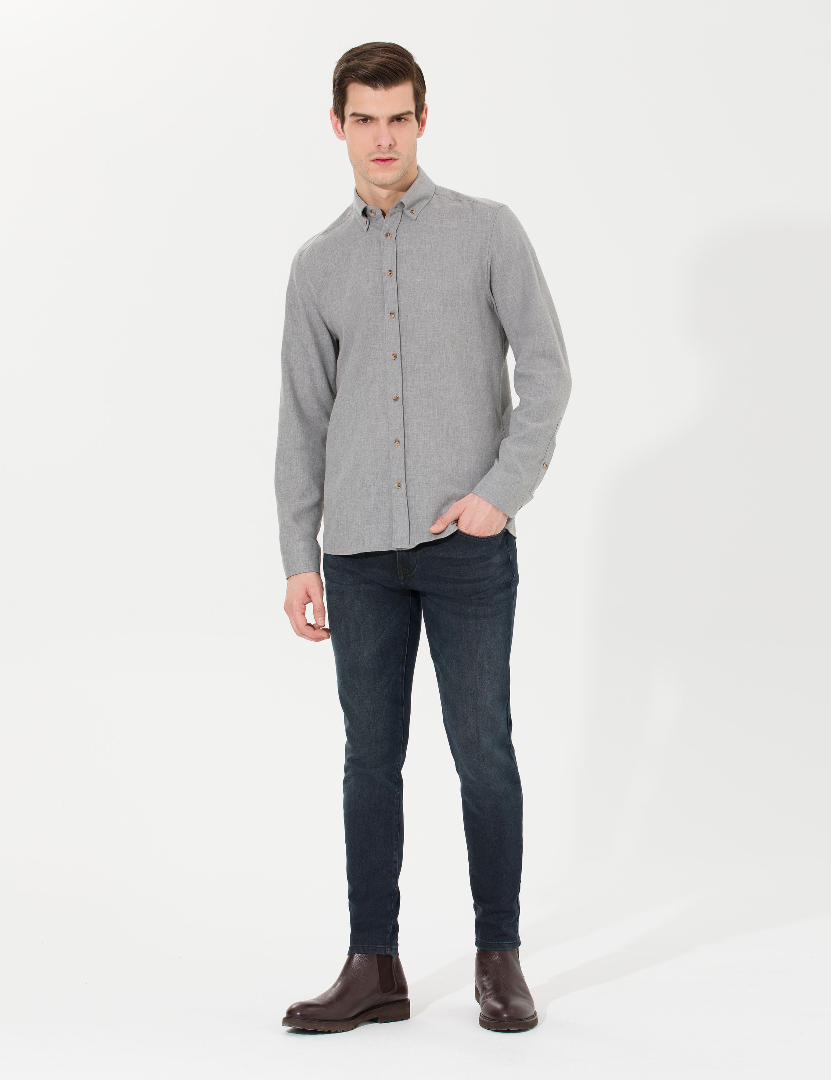 Gri Slim Fit Uzun Kollu Gömlek