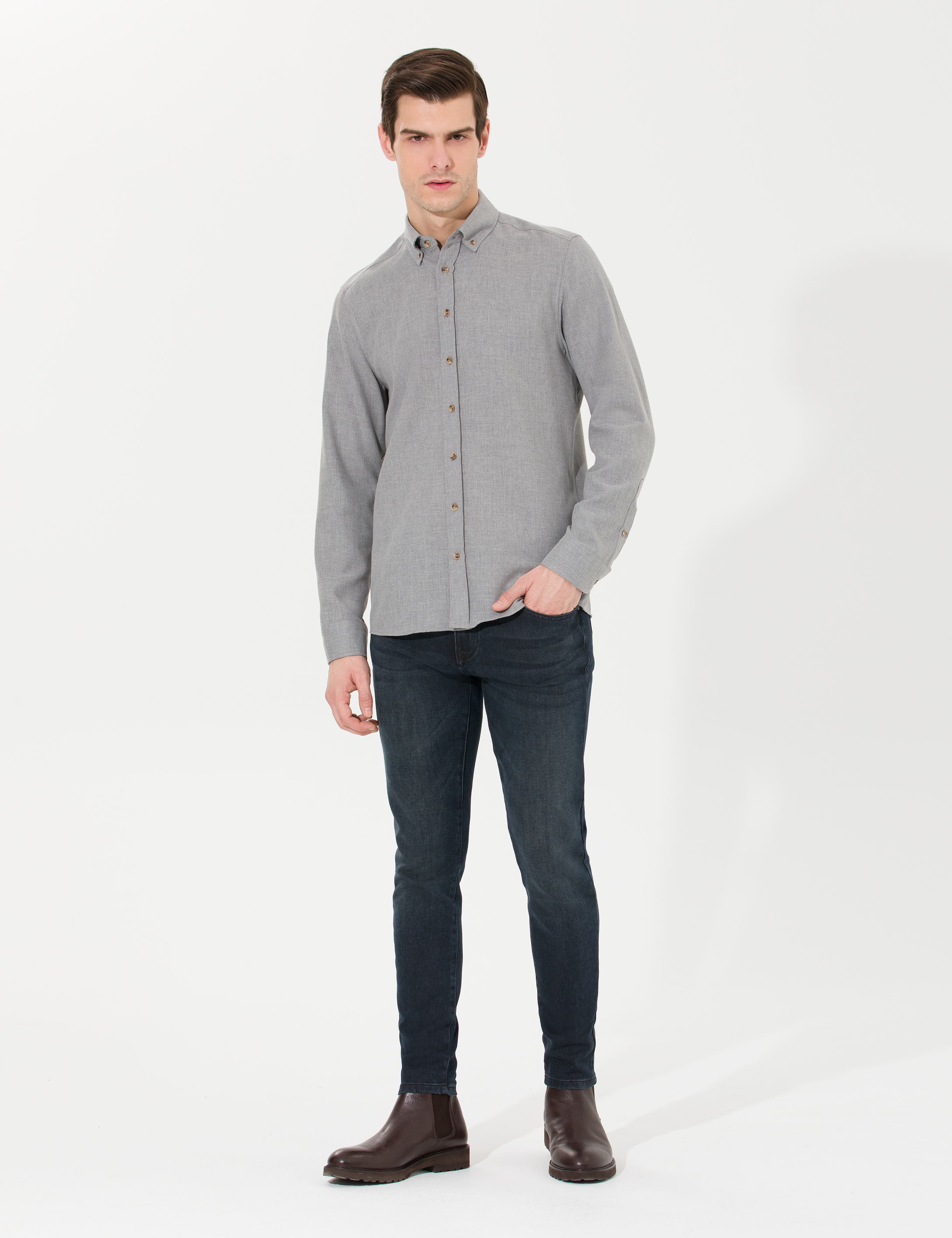 Gri Slim Fit Uzun Kollu Gömlek - Image 4