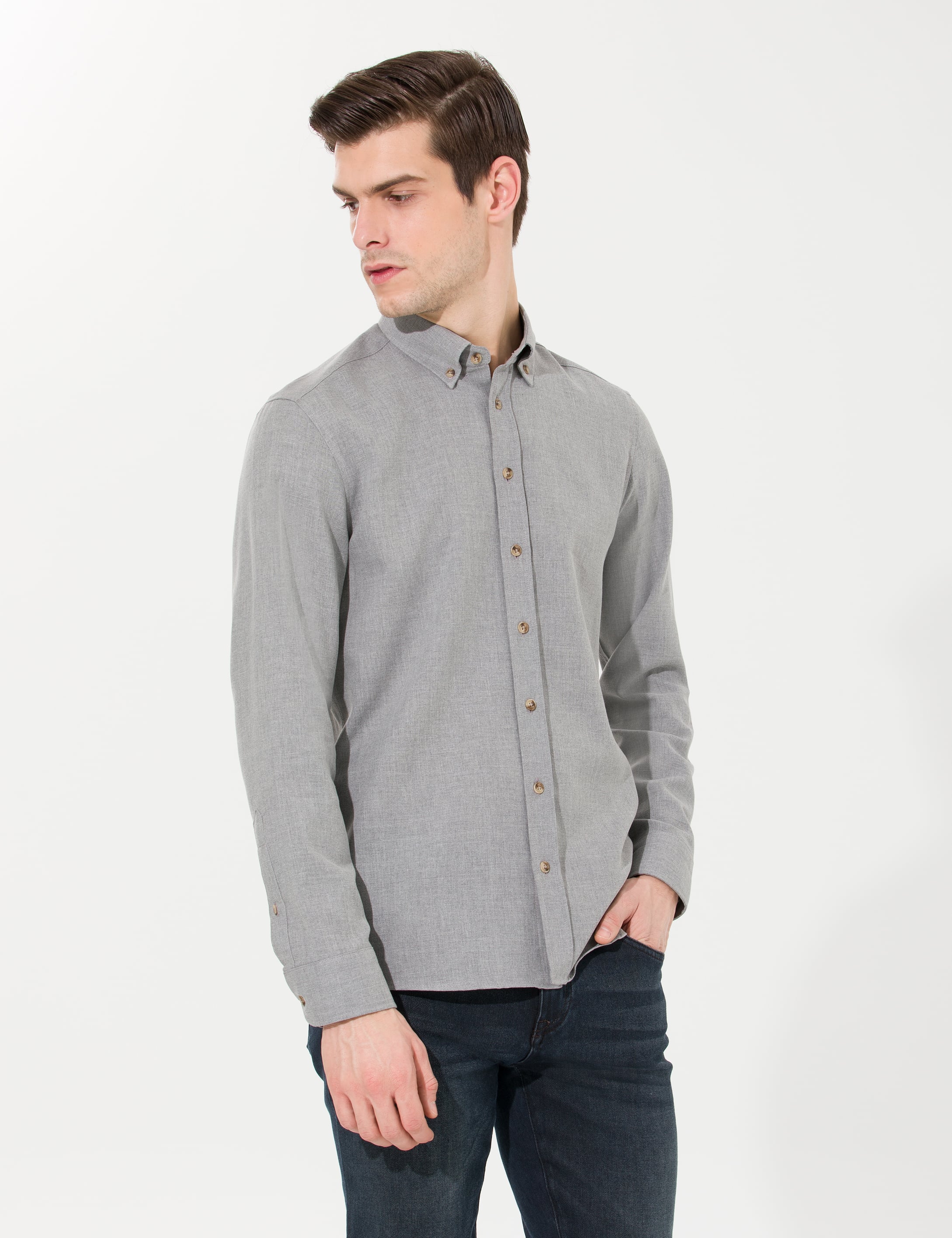 Gri Slim Fit Uzun Kollu Gömlek