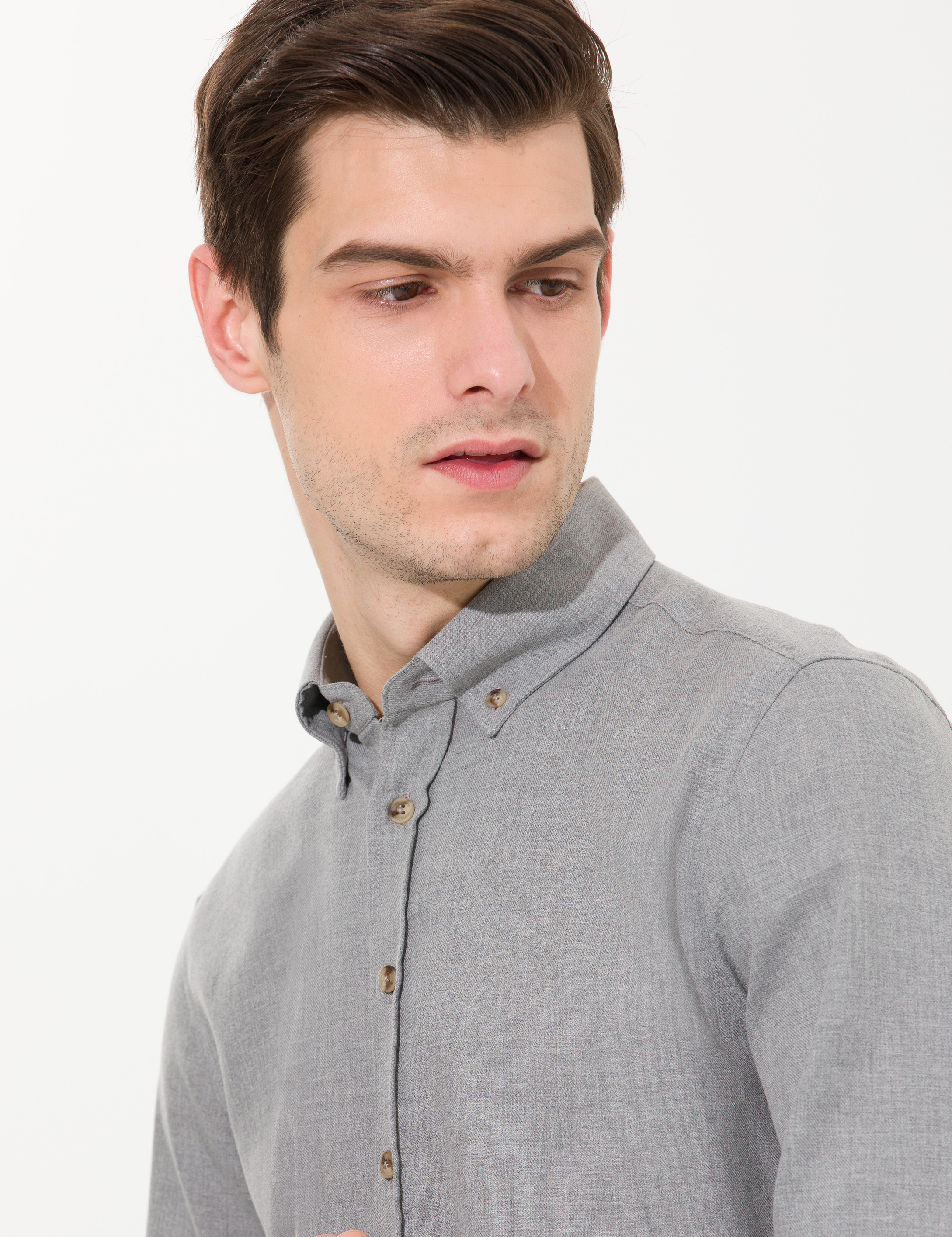 Gri Slim Fit Uzun Kollu Gömlek - Image 2