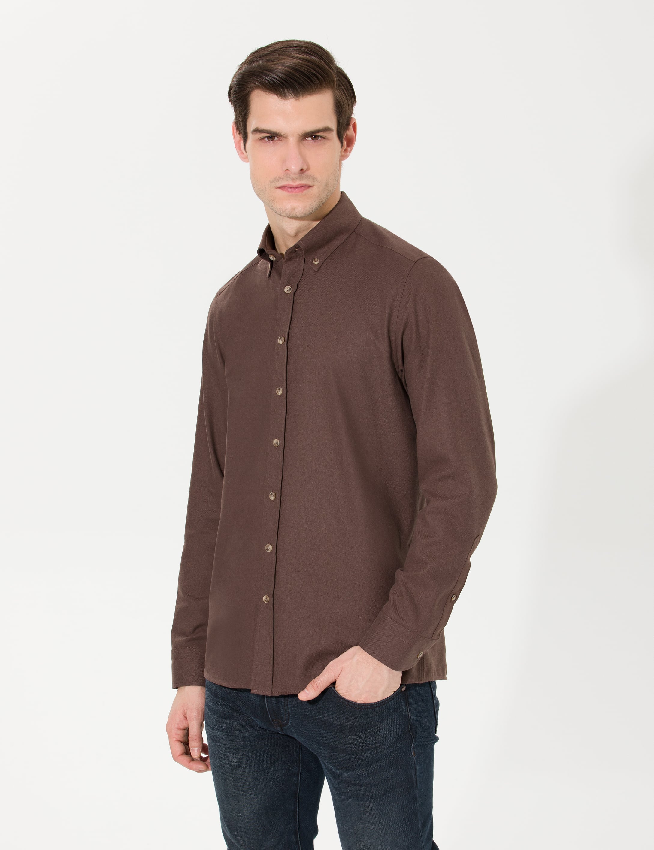Kahverengi Slim Fit Uzun Kollu Gömlek - Image 3