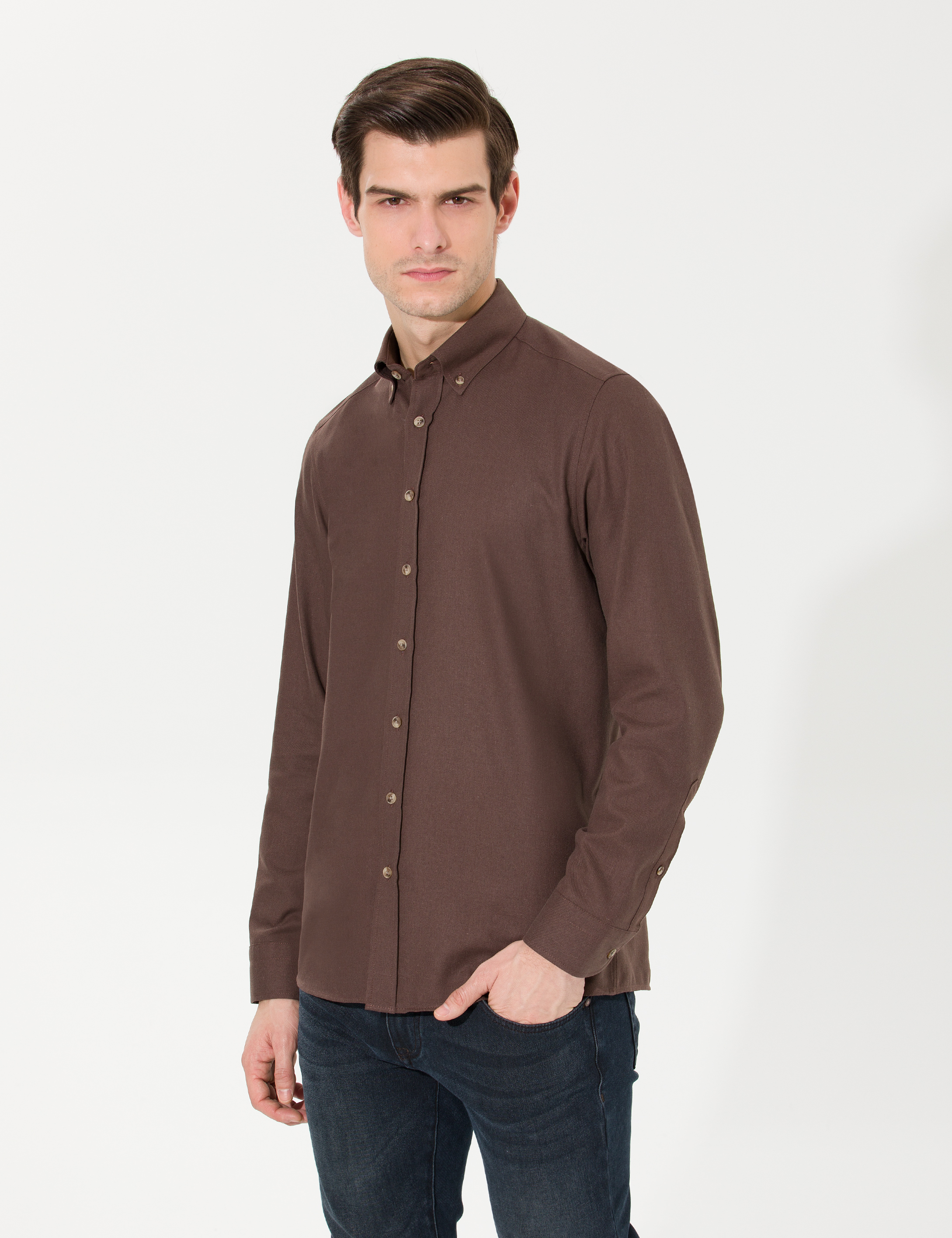Kahverengi Slim Fit Uzun Kollu Gömlek