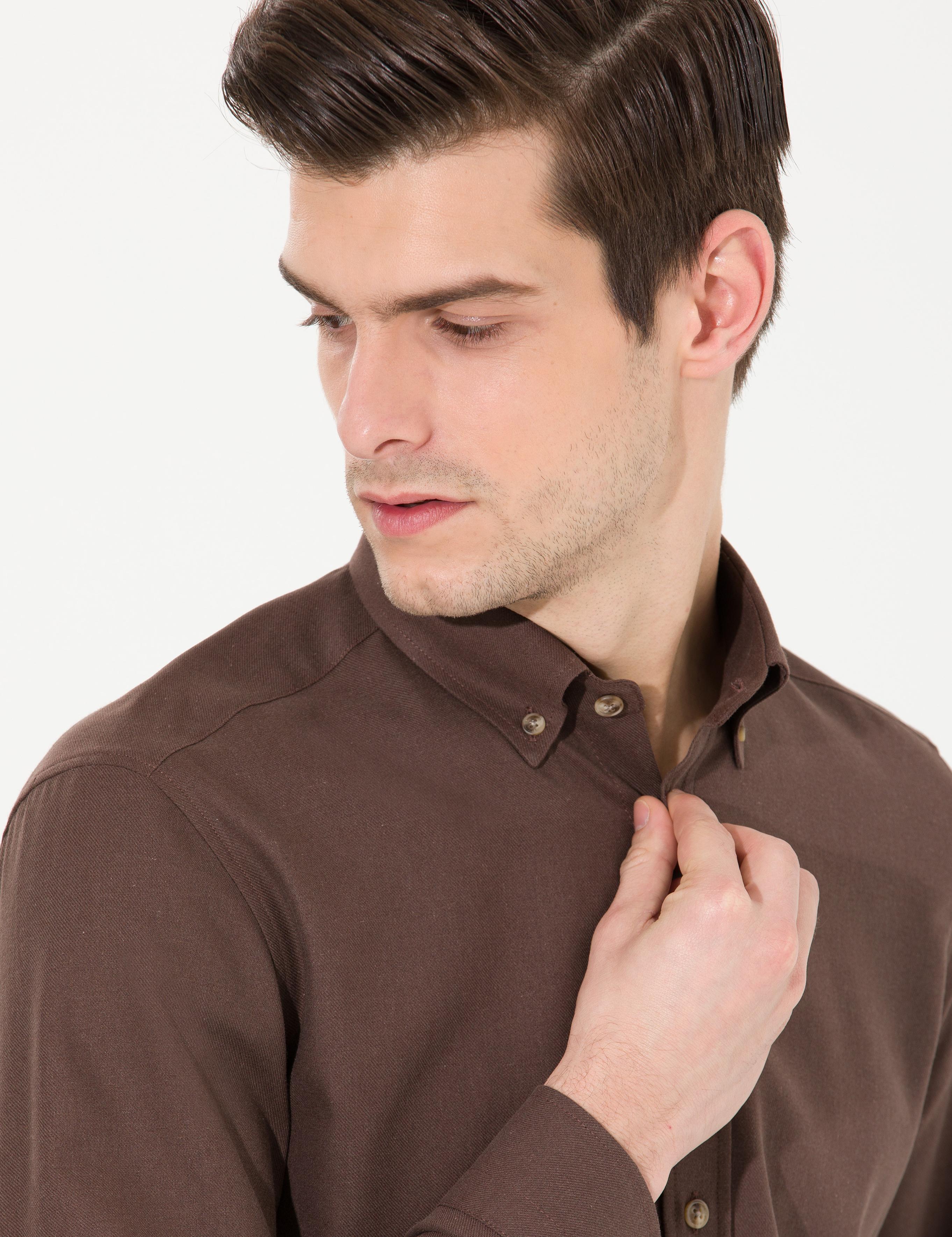 Kahverengi Slim Fit Uzun Kollu Gömlek