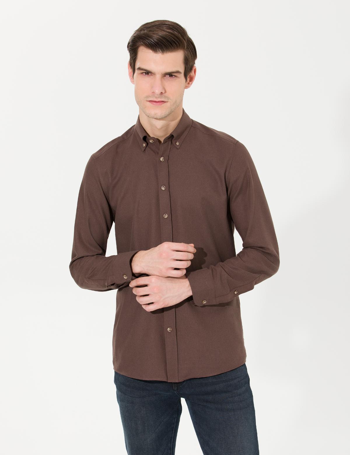 Kahverengi Slim Fit Uzun Kollu Gömlek