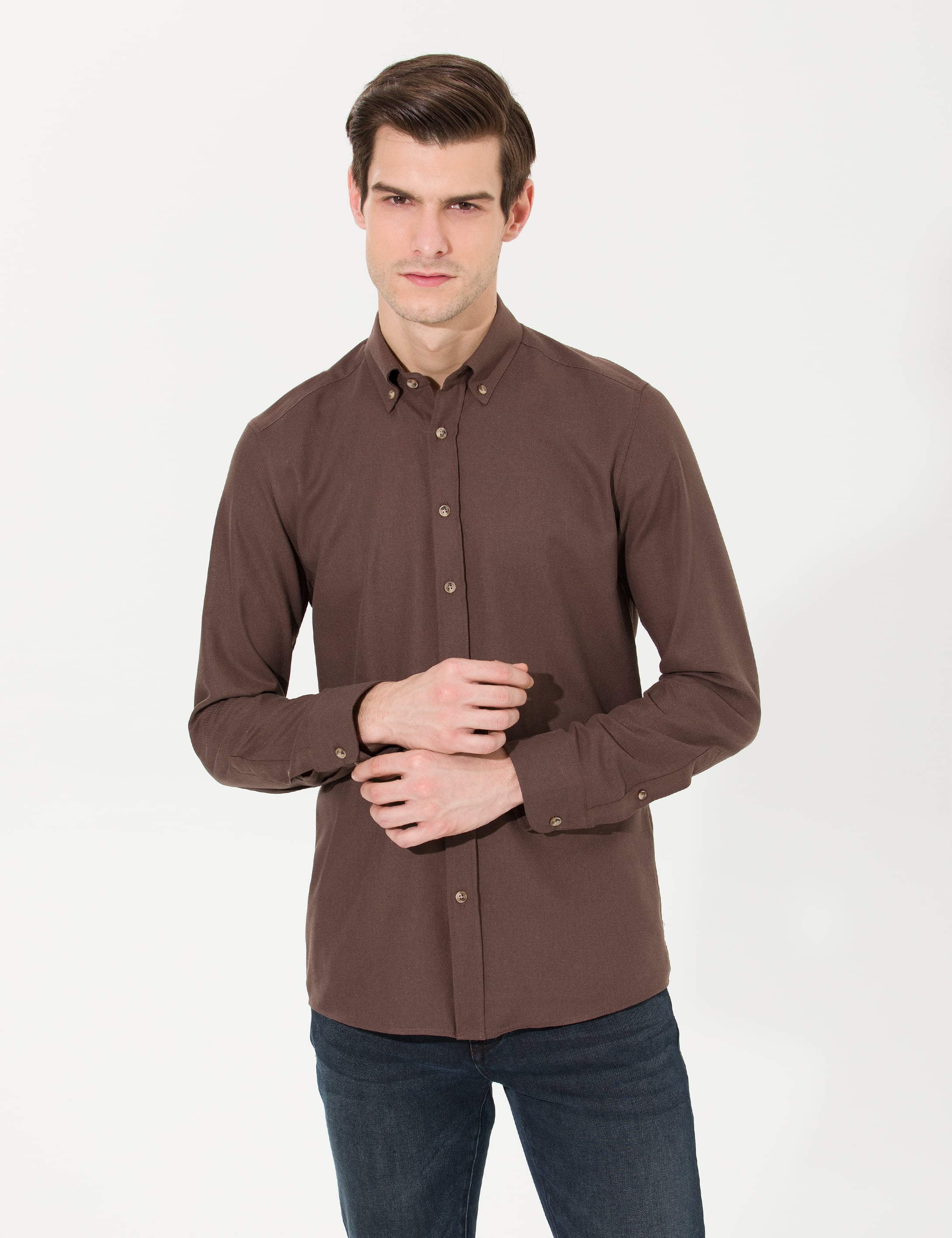 Kahverengi Slim Fit Uzun Kollu Gömlek