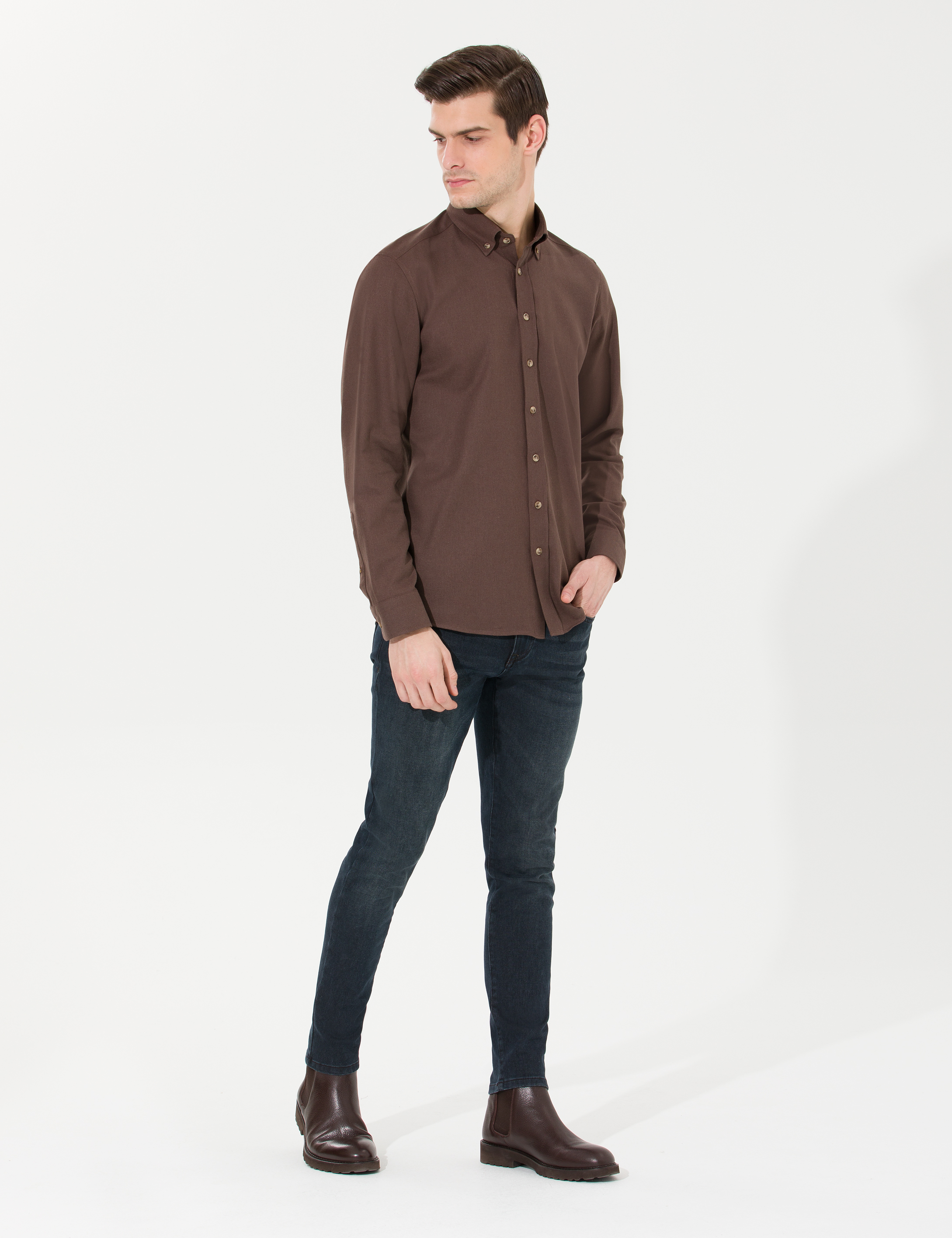 Kahverengi Slim Fit Uzun Kollu Gömlek - Image 4