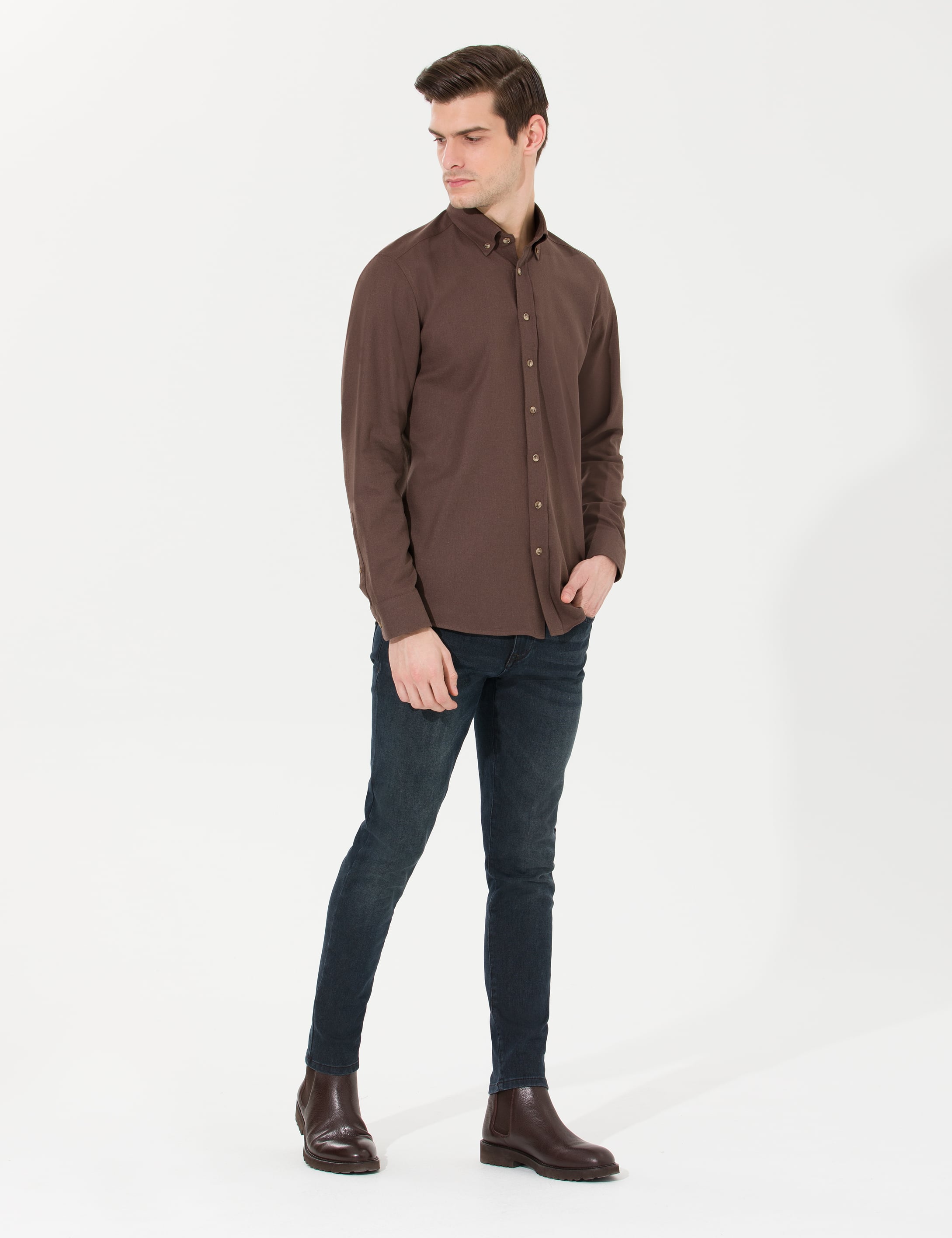 Kahverengi Slim Fit Uzun Kollu Gömlek