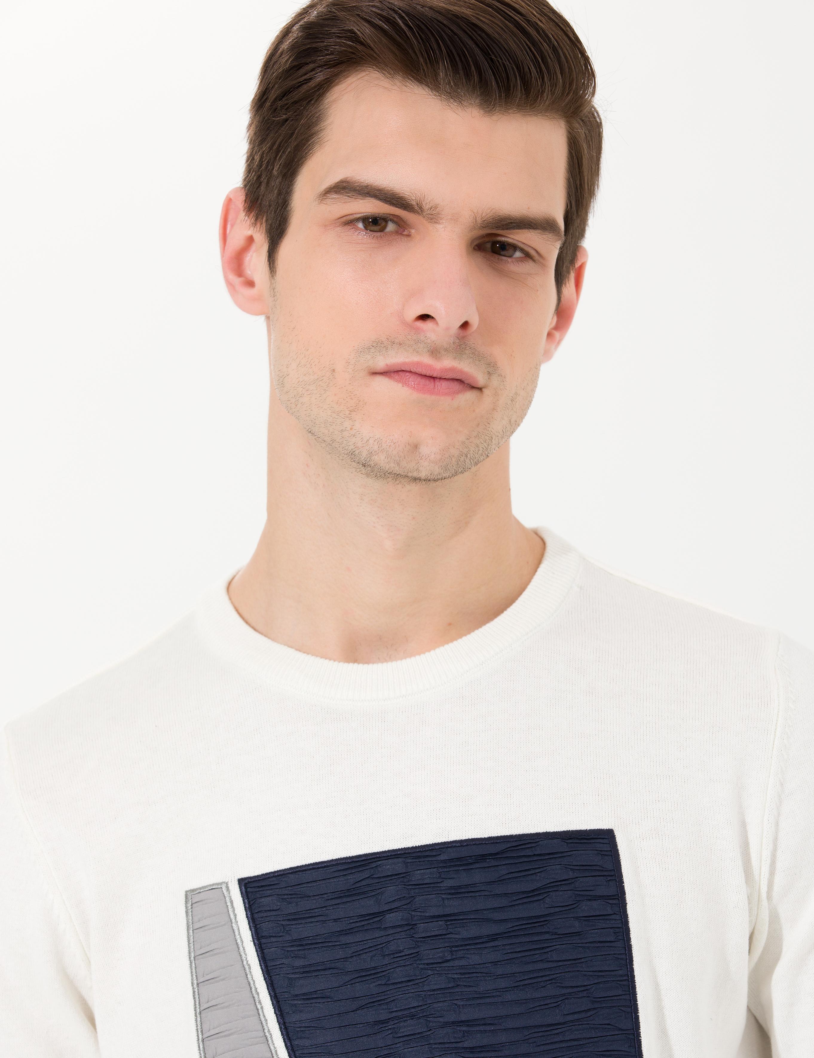 Ekru Slim Fit Bisiklet Yaka Triko Kazak