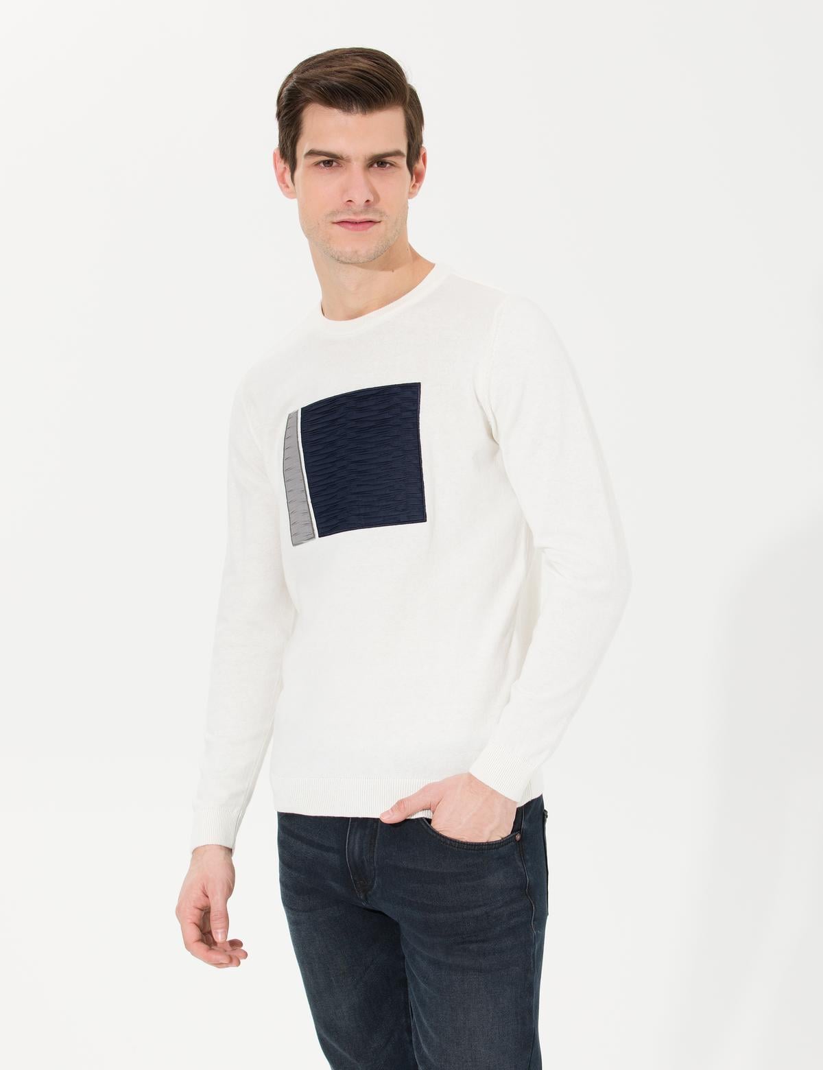 Ekru Slim Fit Bisiklet Yaka Triko Kazak - 50258664013