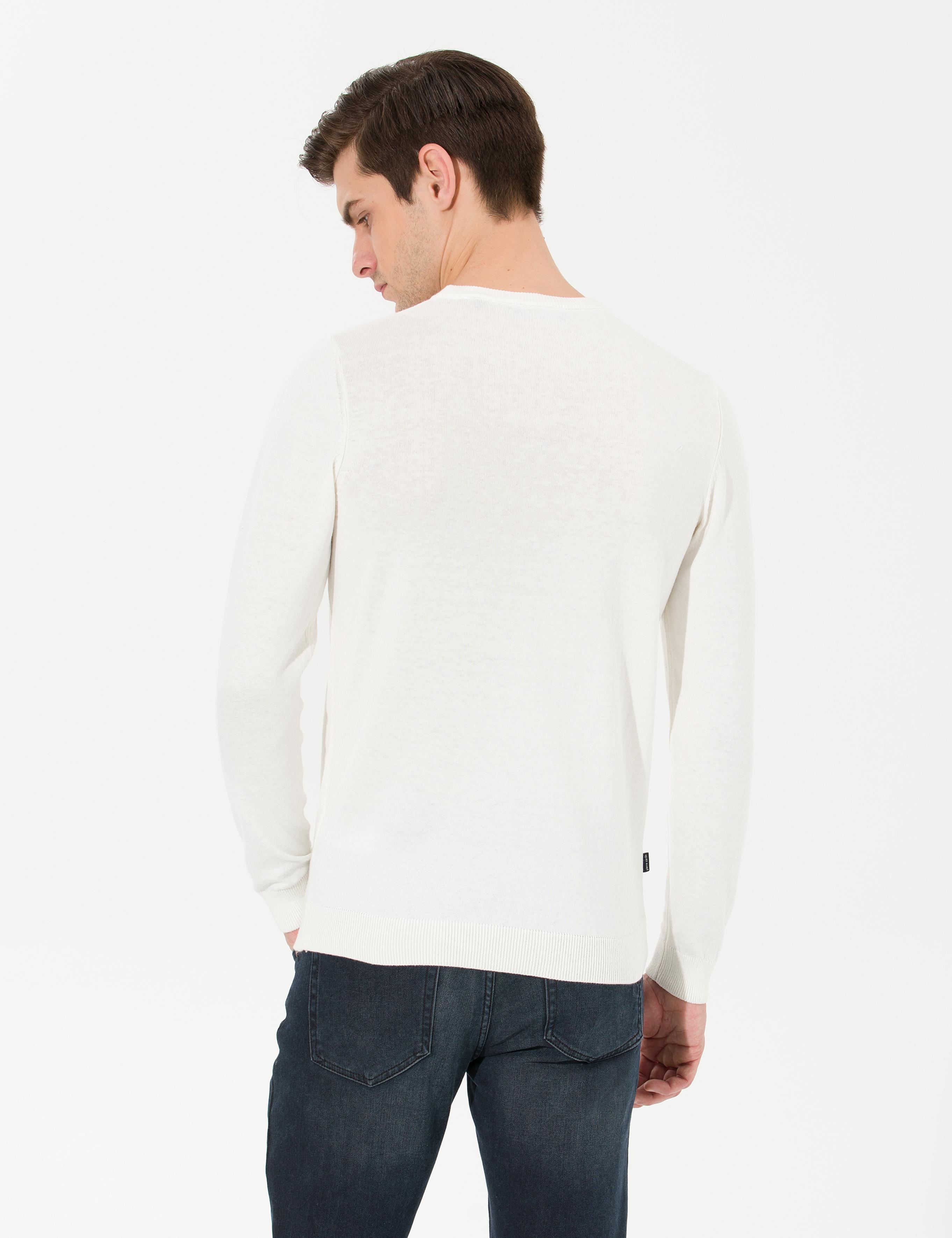 Ekru Slim Fit Bisiklet Yaka Triko Kazak