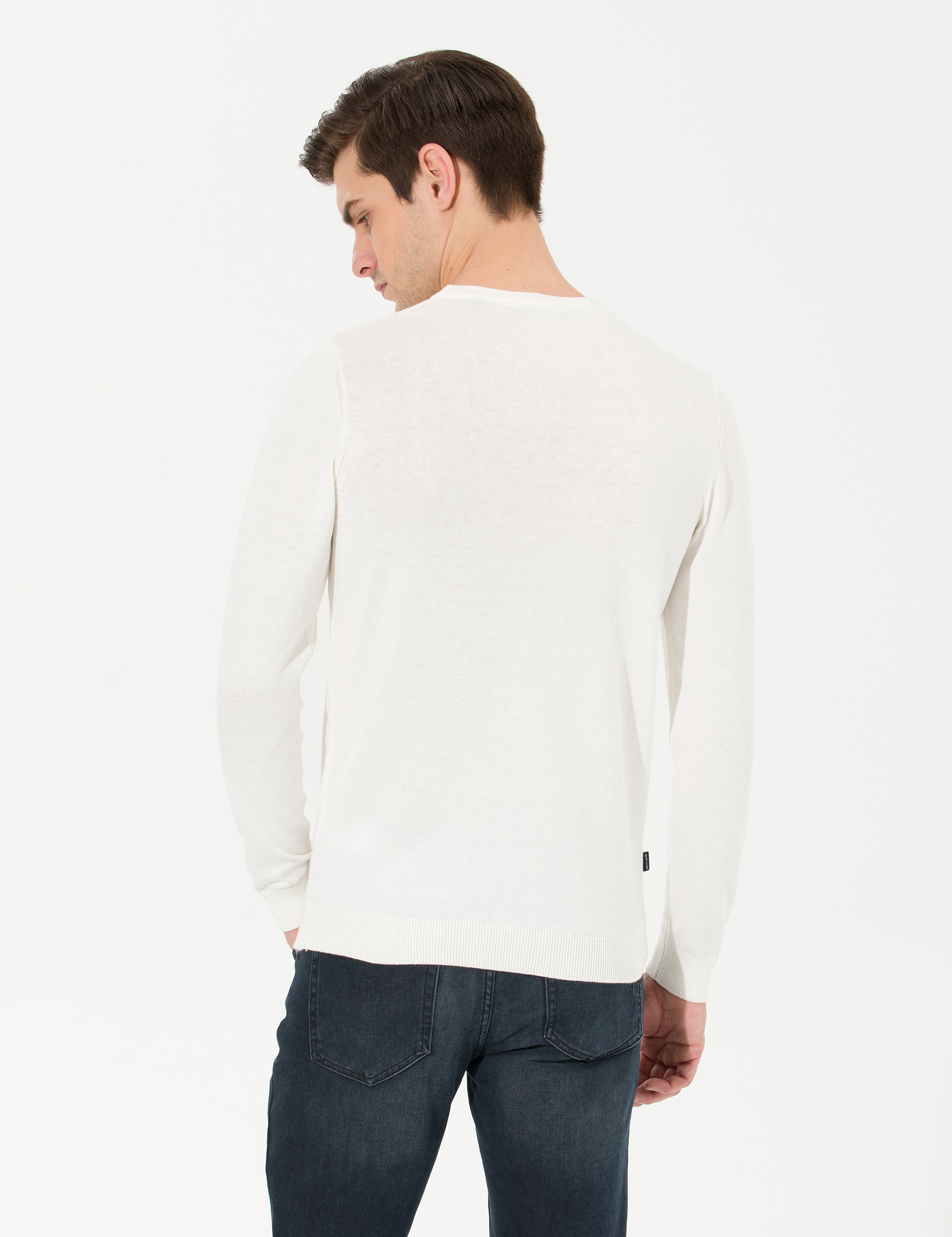Ekru Slim Fit Bisiklet Yaka Triko Kazak - Image 5