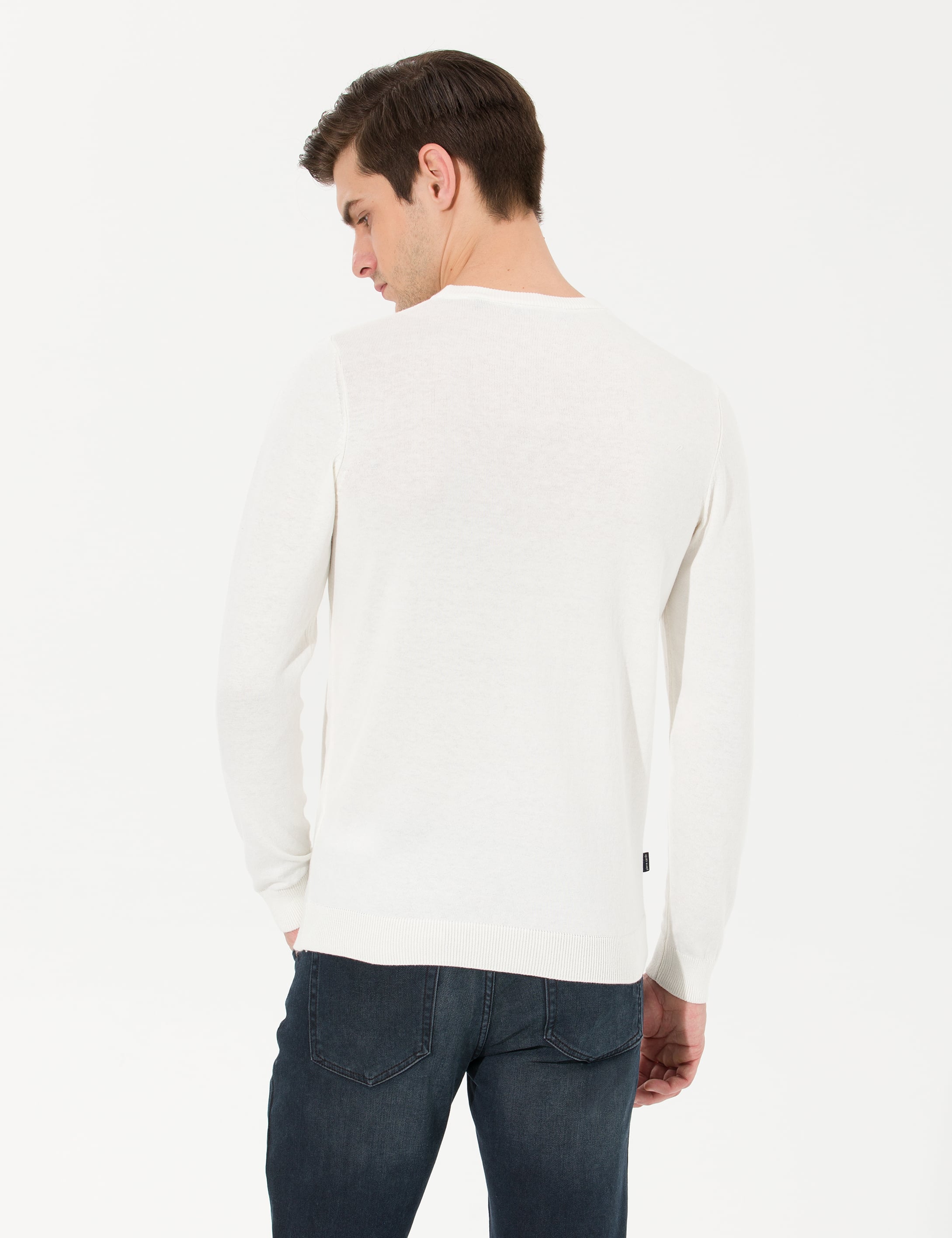 Ekru Slim Fit Bisiklet Yaka Triko Kazak