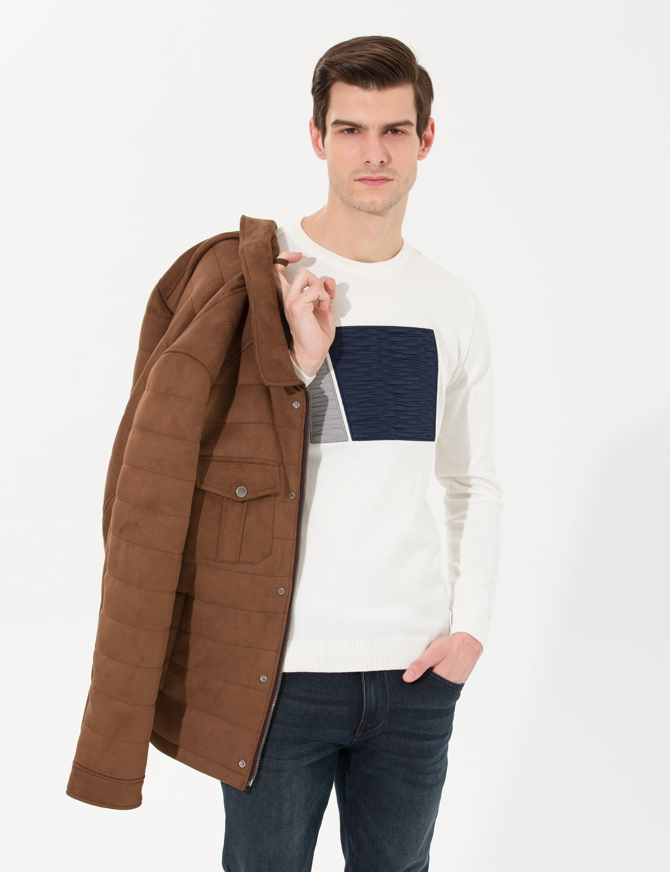 Ekru Slim Fit Bisiklet Yaka Triko Kazak