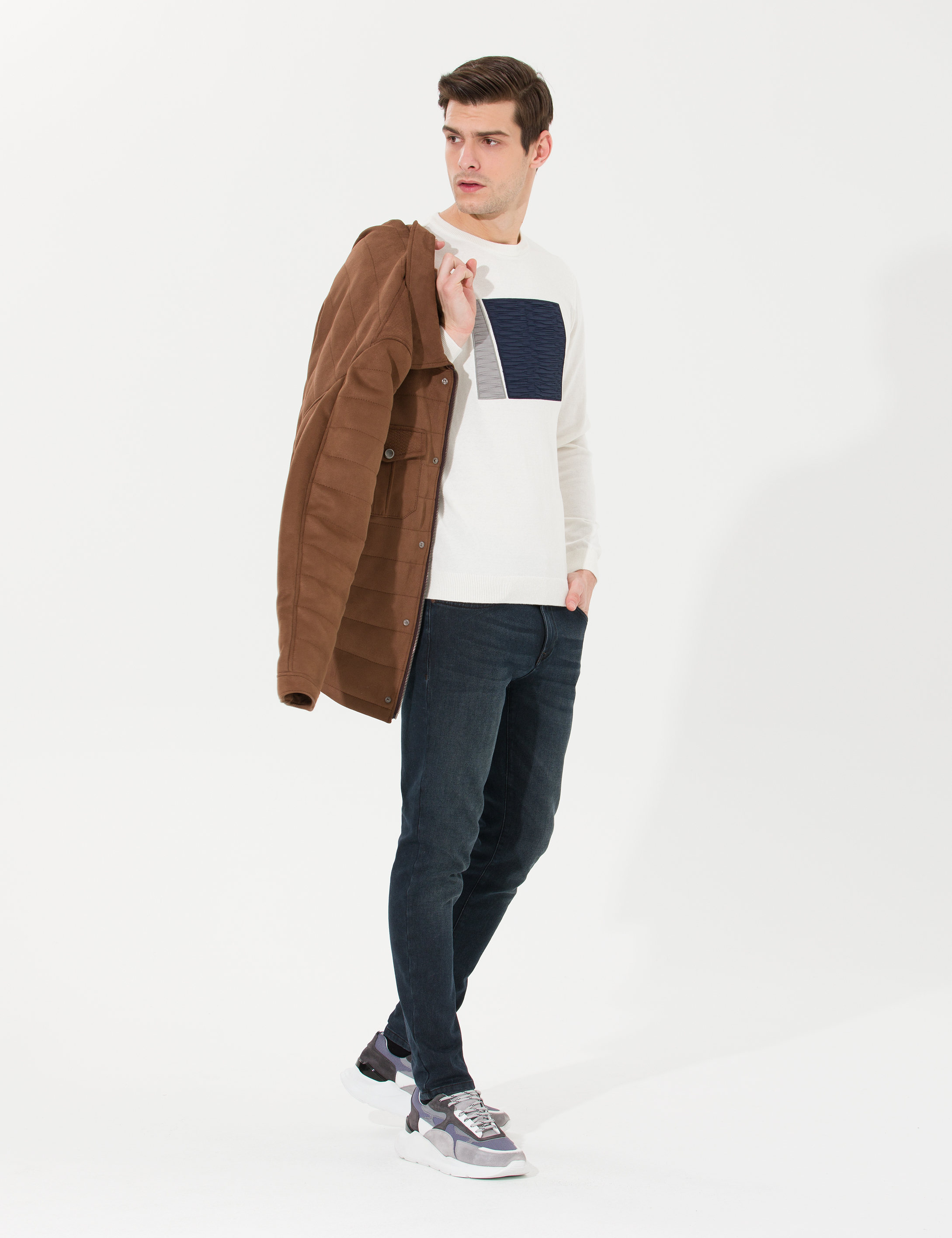Pierre Cardin Ekru Slim Fit Bisiklet Yaka Triko Kazak görsel 2